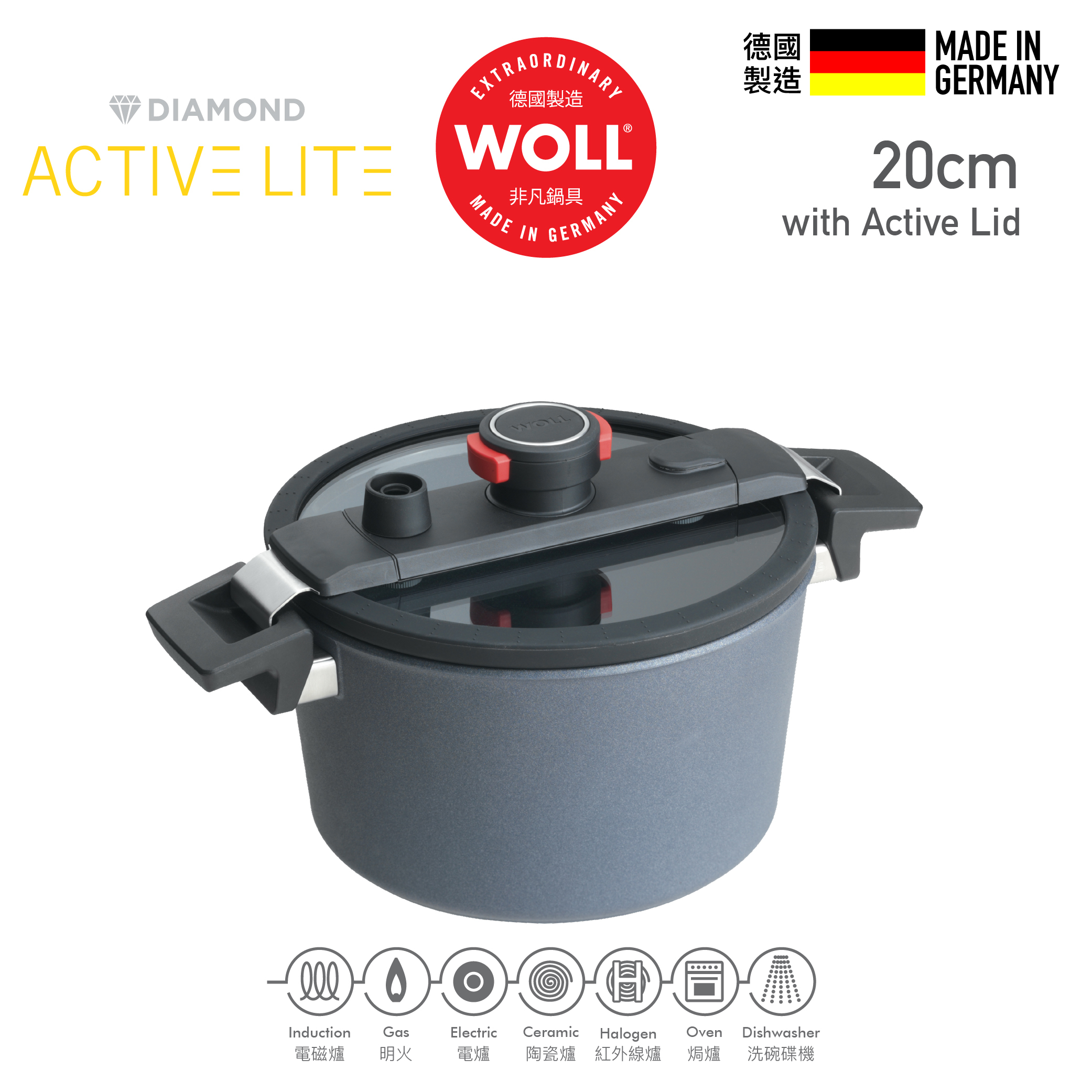 WOLL 高速微壓系列 - 20cm / 3L 高速微壓鑽石雙耳湯煲 (連微壓玻璃蓋)