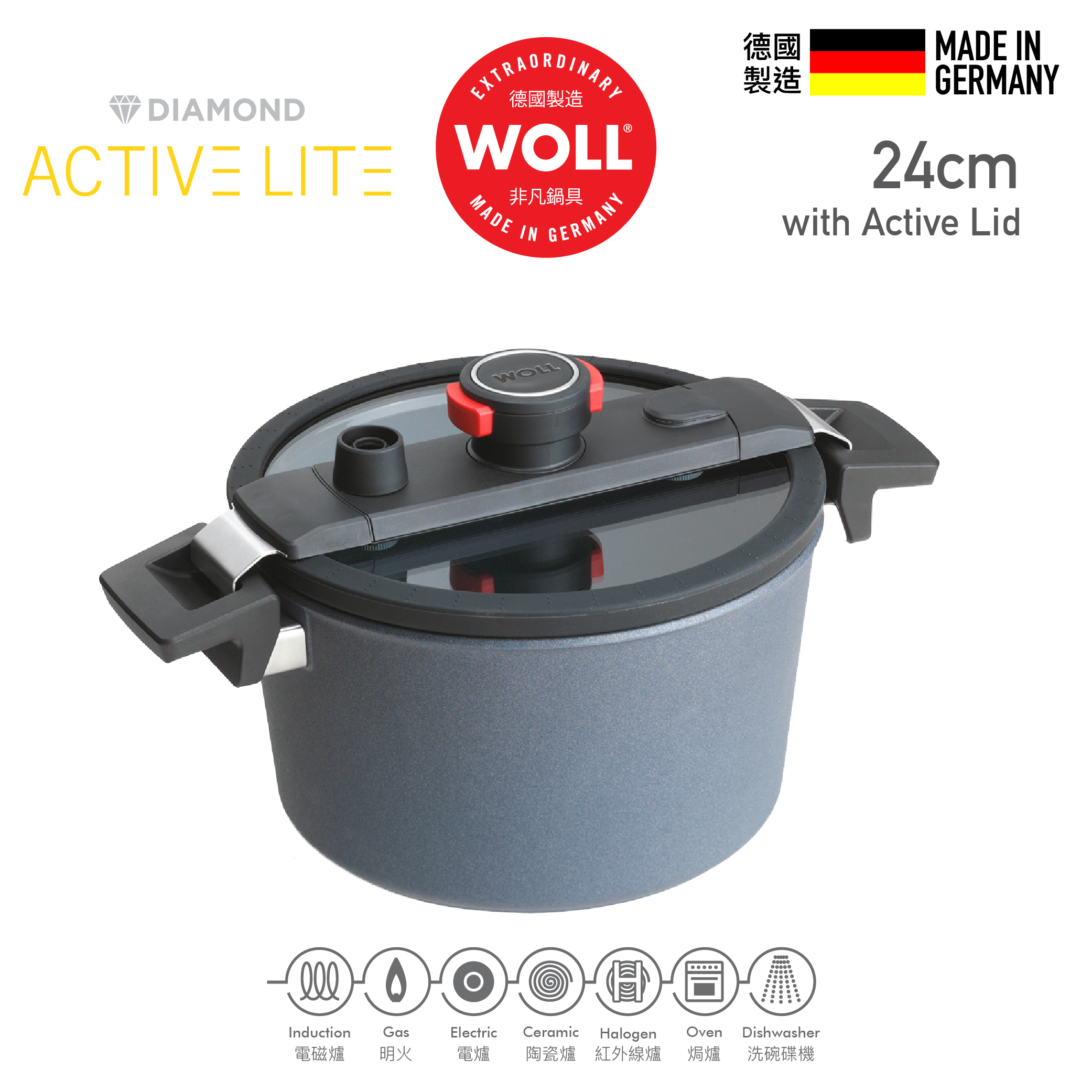 WOLL 高速微壓系列 - 24cm / 5L 高速微壓鑽石雙耳湯煲 (連微壓玻璃蓋)
