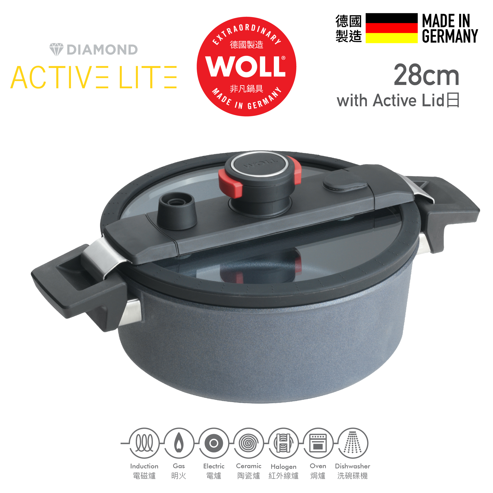 WOLL 高速微壓系列 - 28cm / 5.5L  高速微壓鑽石雙耳炆煎鍋 (連微壓玻璃蓋)