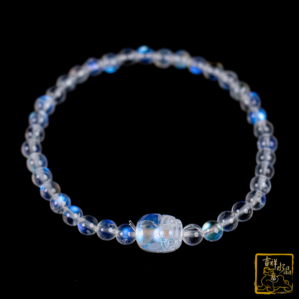 頂級藍暈月光石貔貅手珠 4.8mm 戀人之石