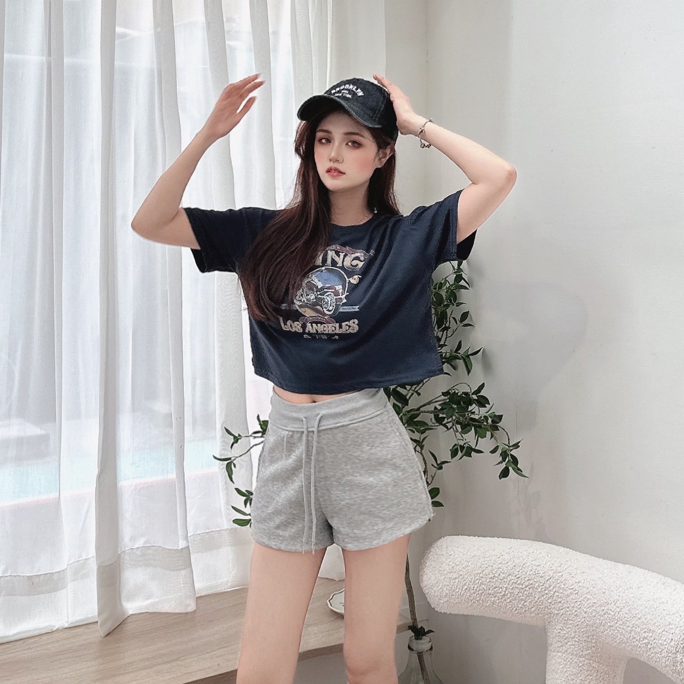 復古車膠印竹節棉圖T/二色