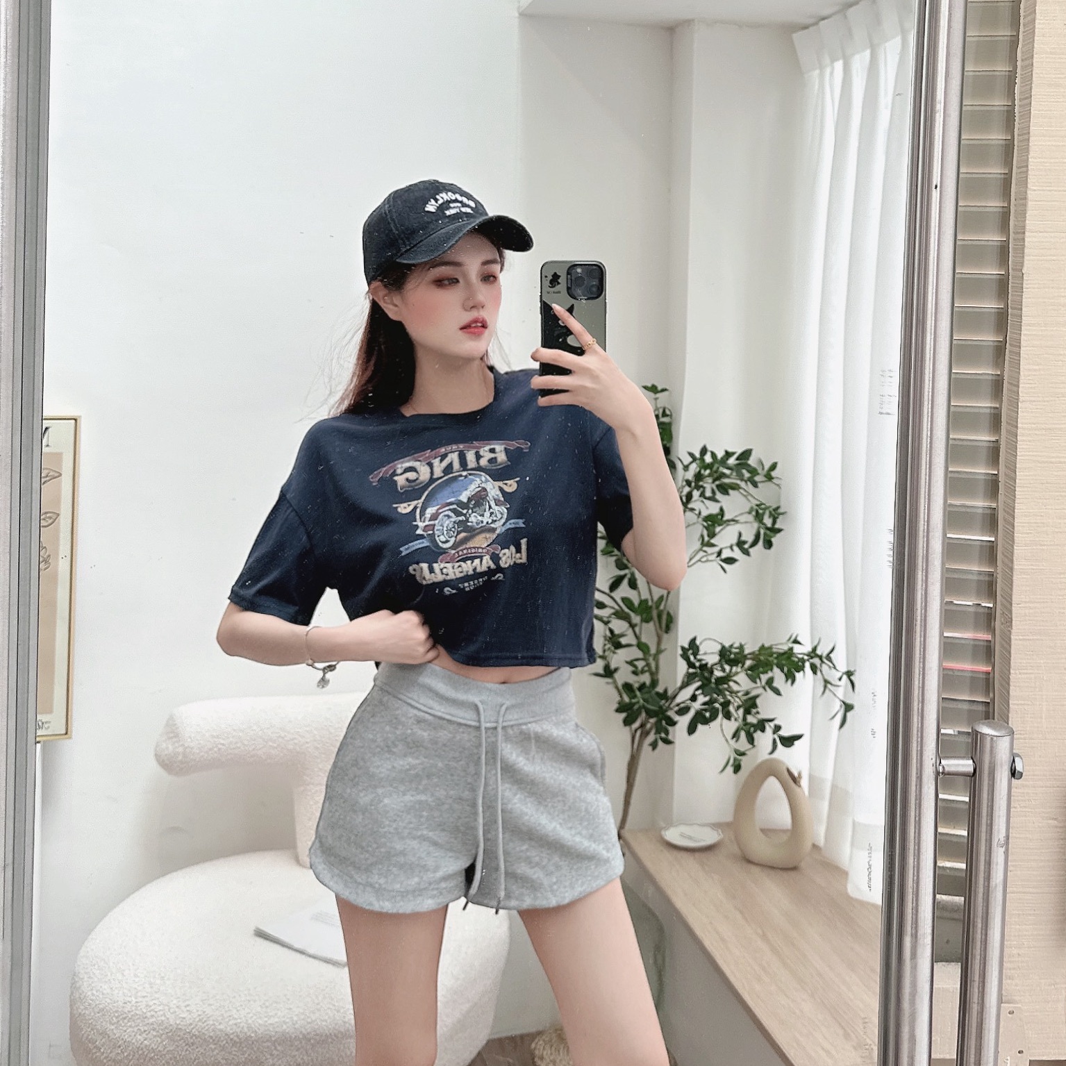 復古車膠印竹節棉圖T/二色