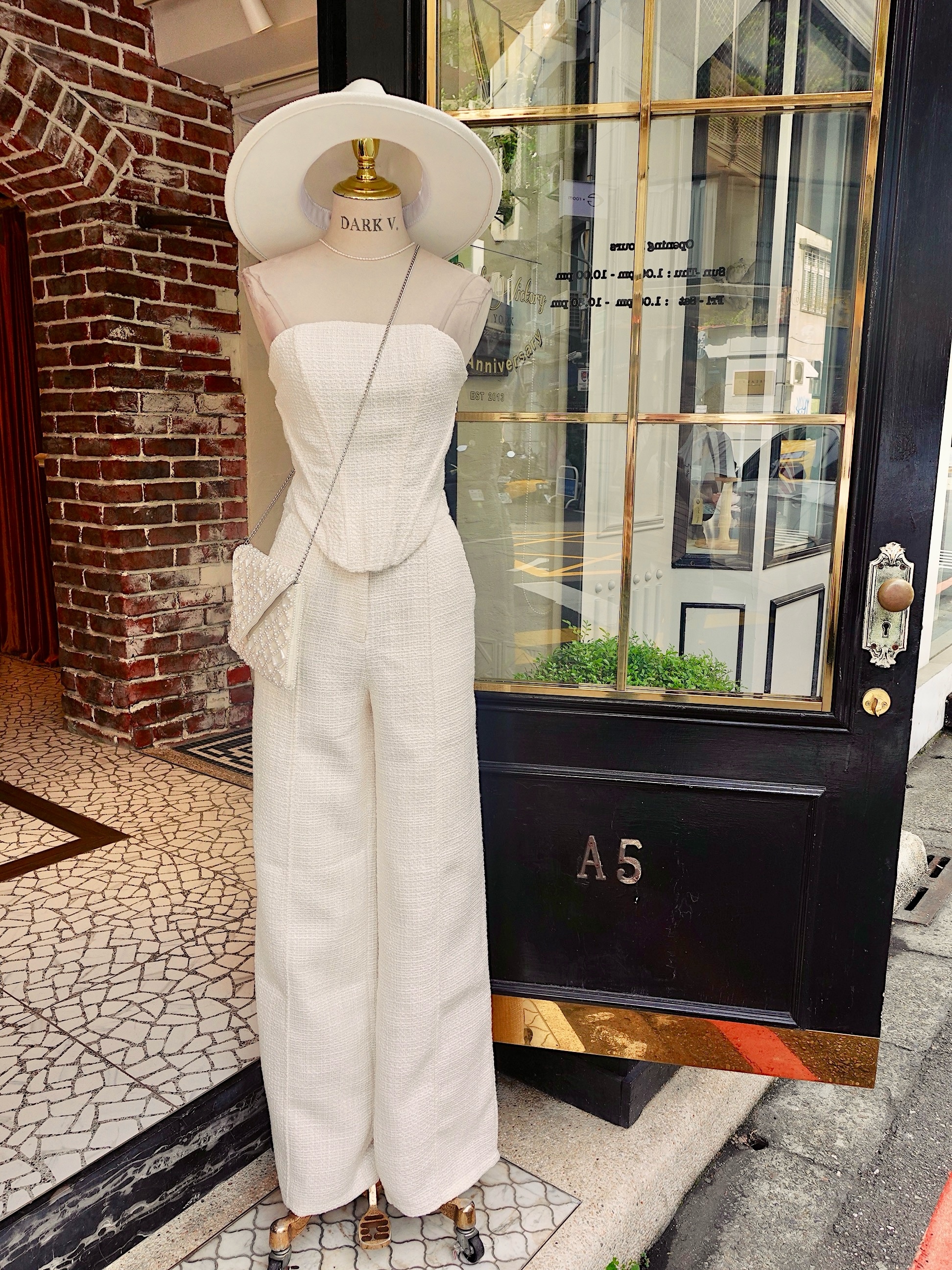 Cream White白色夏日粗花呢馬甲上衣+ 長寬褲套裝