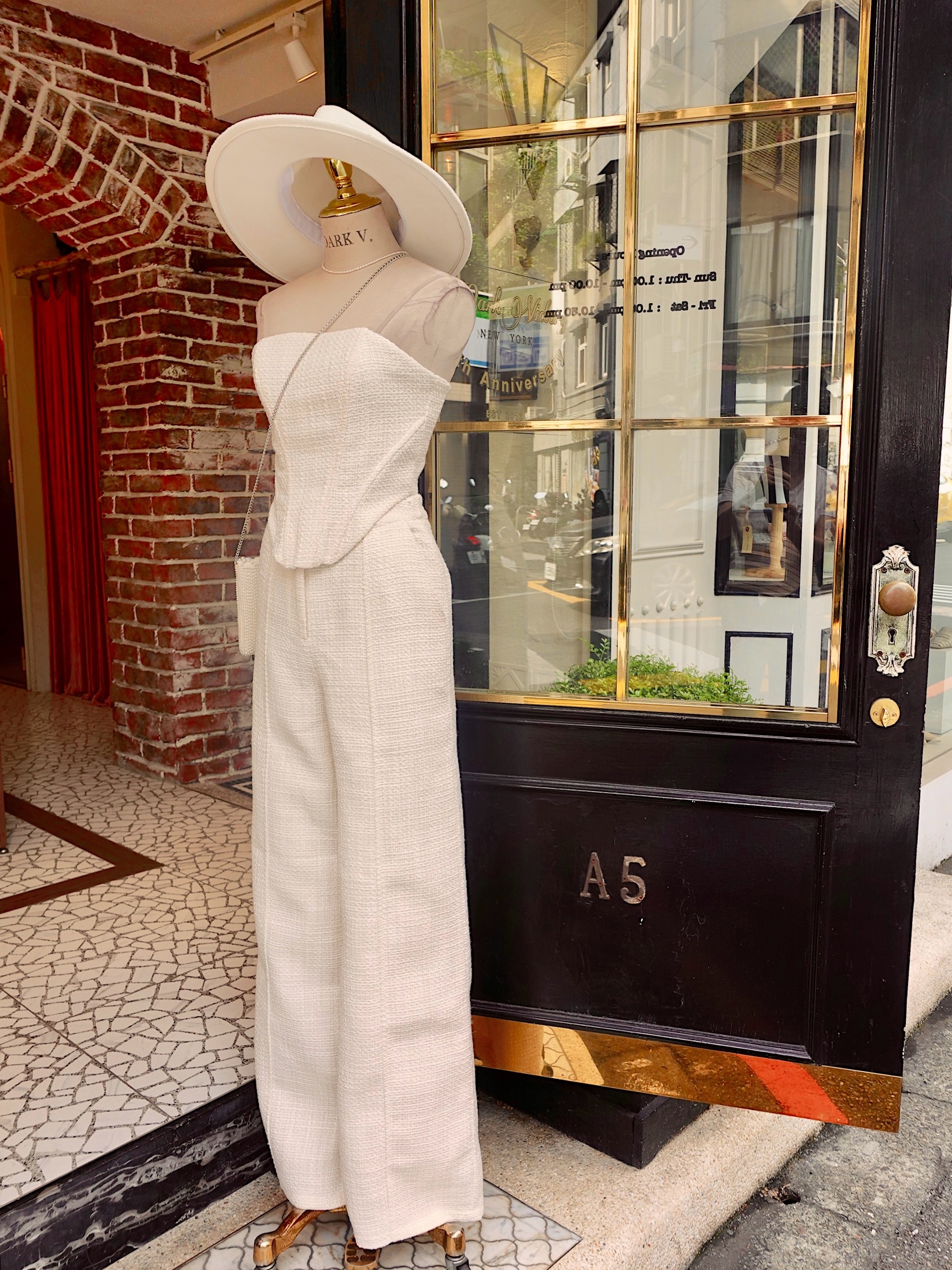 Cream White白色夏日粗花呢馬甲上衣+ 長寬褲套裝