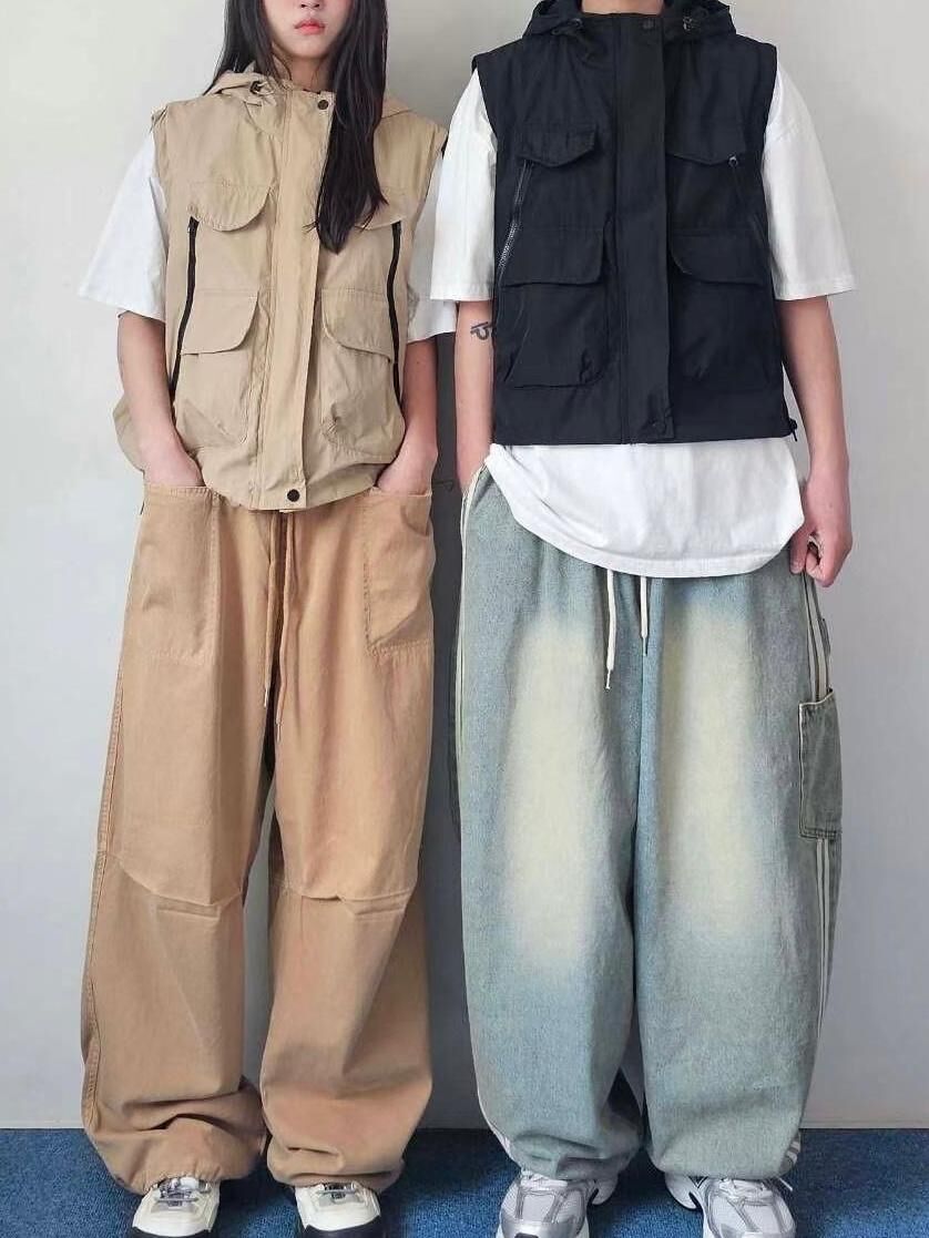 淨色連帽拉鍊背心褸 F&c-067V