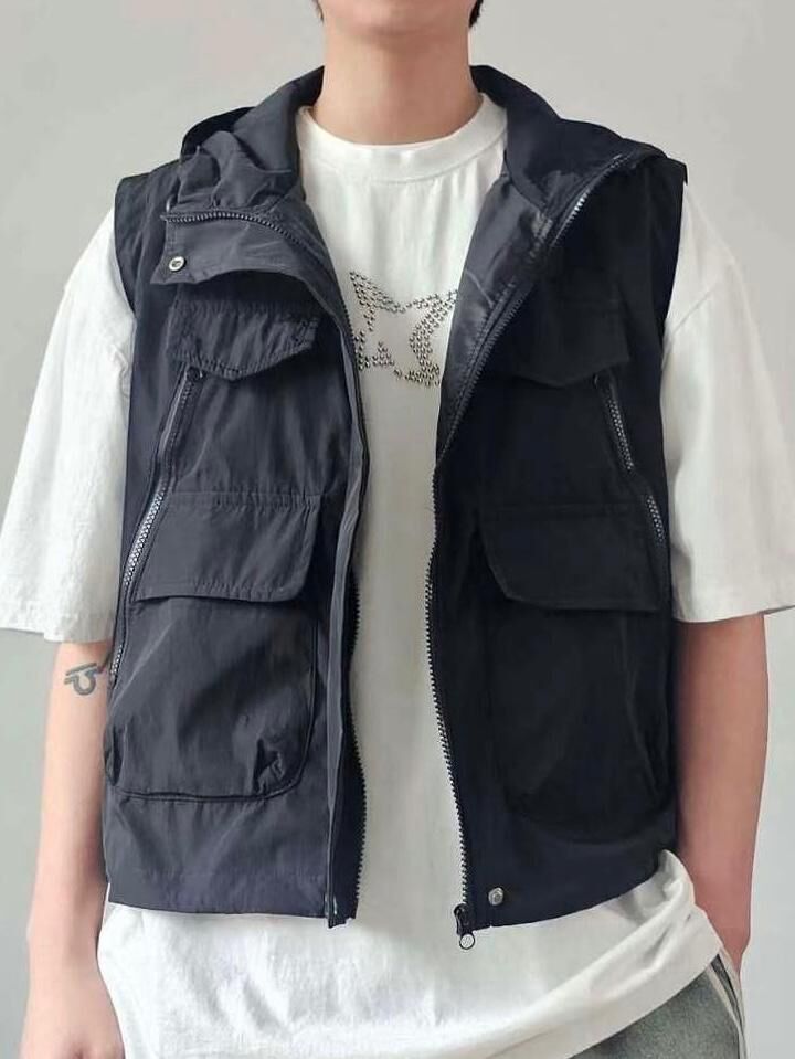 淨色連帽拉鍊背心褸 F&c-067V