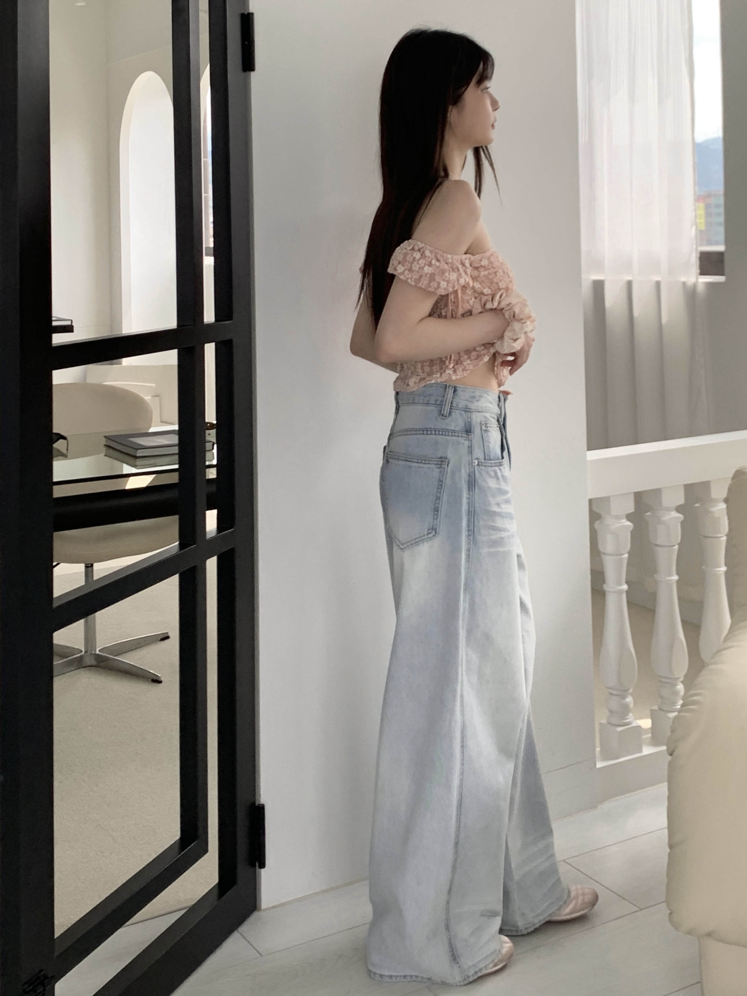 現貨-美式街頭線條時髦刷色牛仔褲