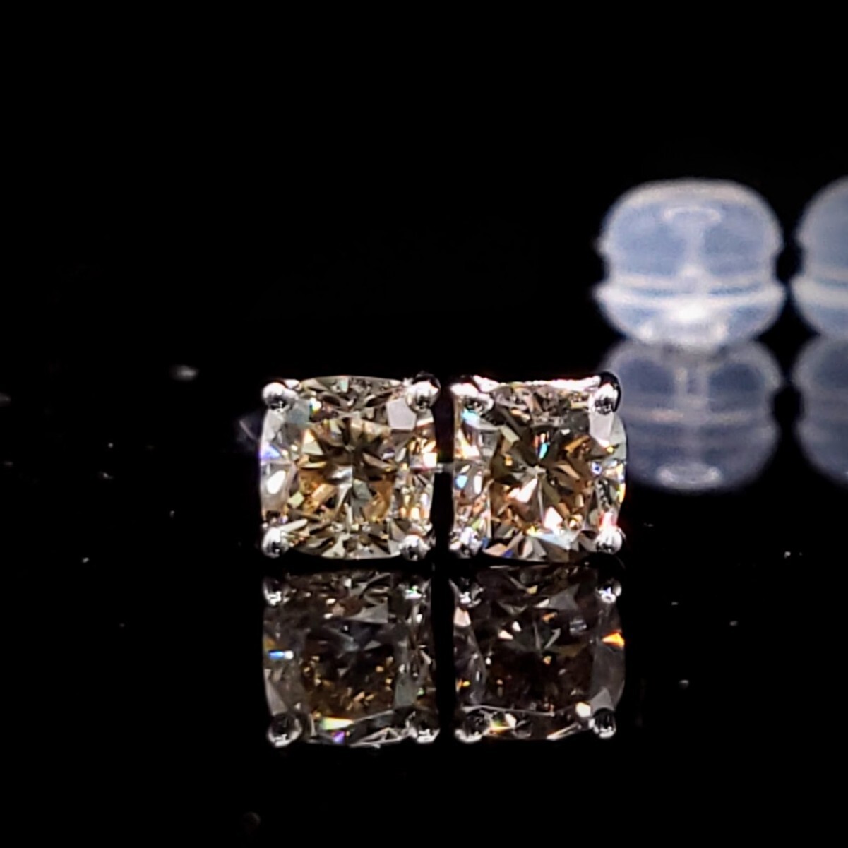 18K White Gold 0.84ct Fancy Champagne Cushion Cut Diamond Earrings