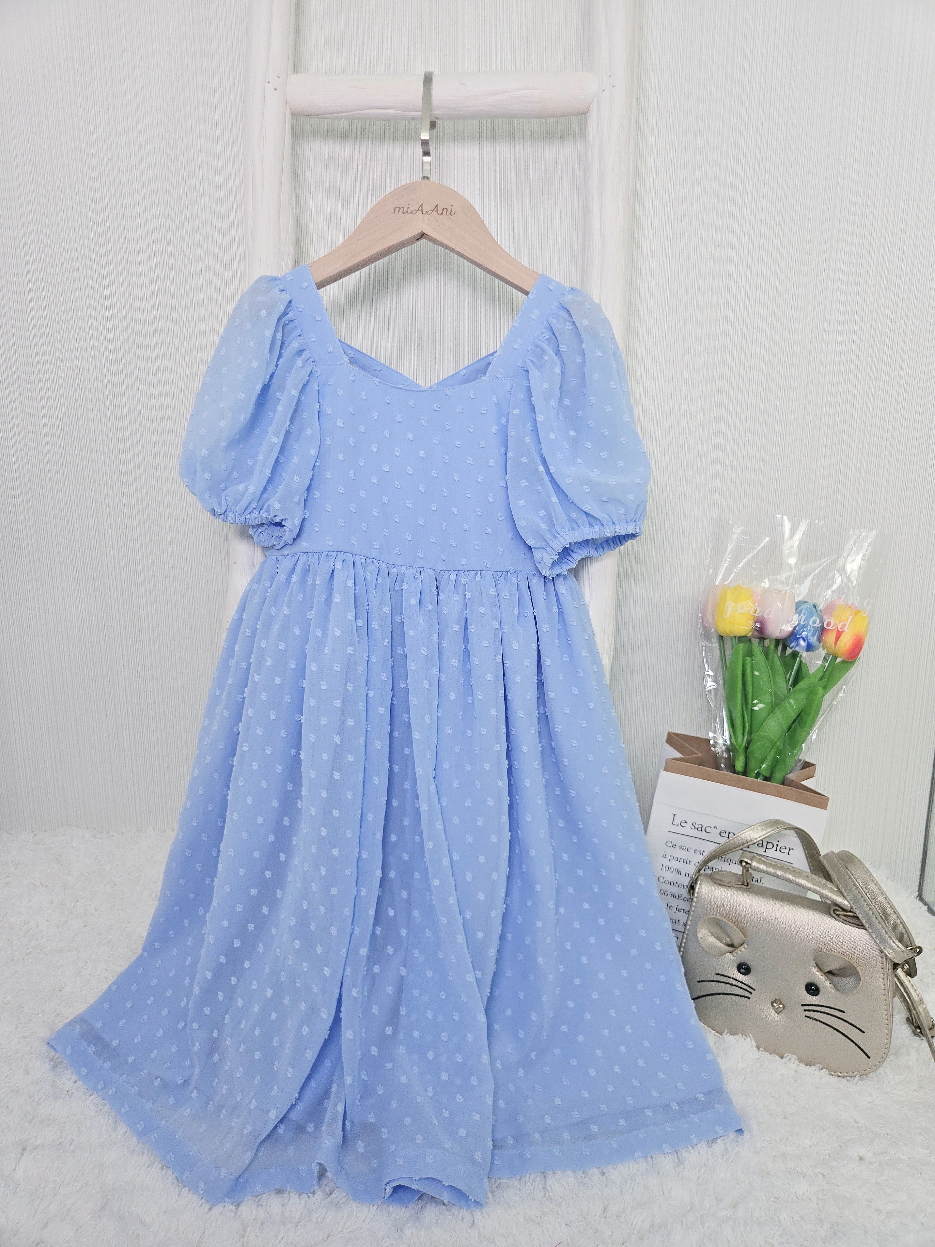 Annalise 粉藍色點點雪紡裙