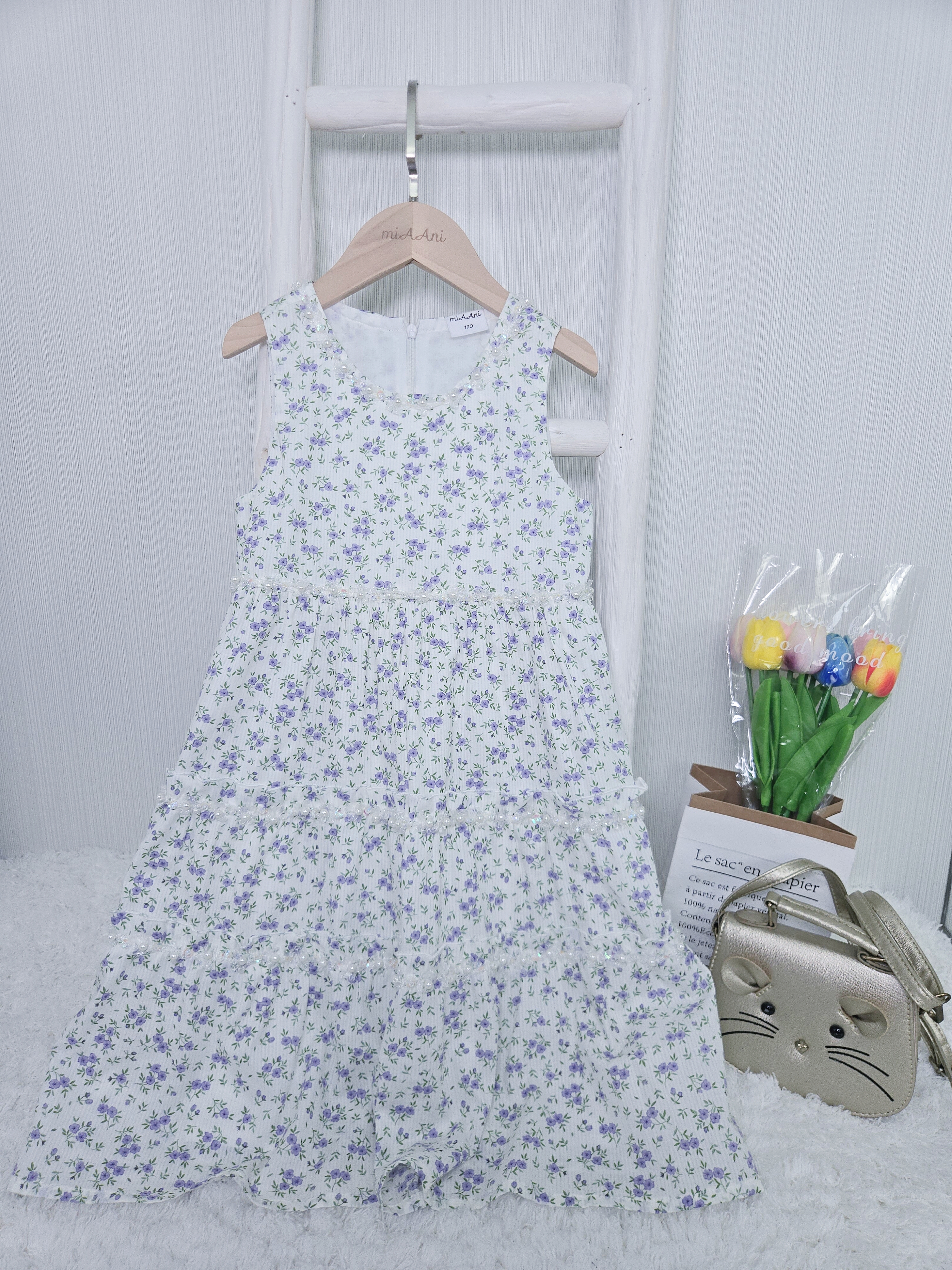 Ivy 暗條紫色碎花配手工釘珠裙