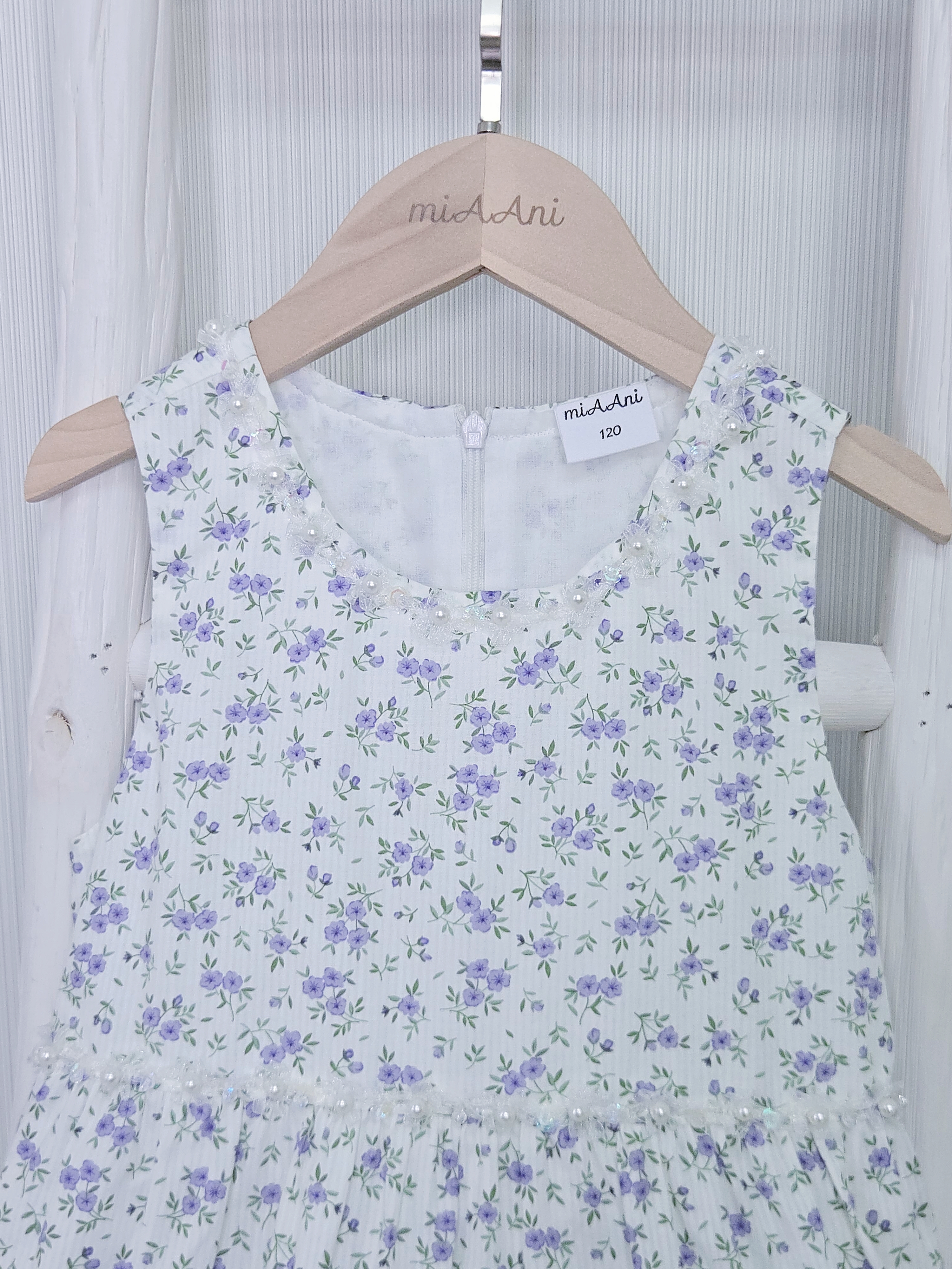 Ivy 暗條紫色碎花配手工釘珠裙