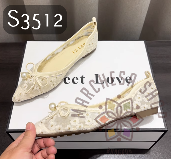 S3512 - 羊皮網紗雛菊珍珠尖頭平底鞋