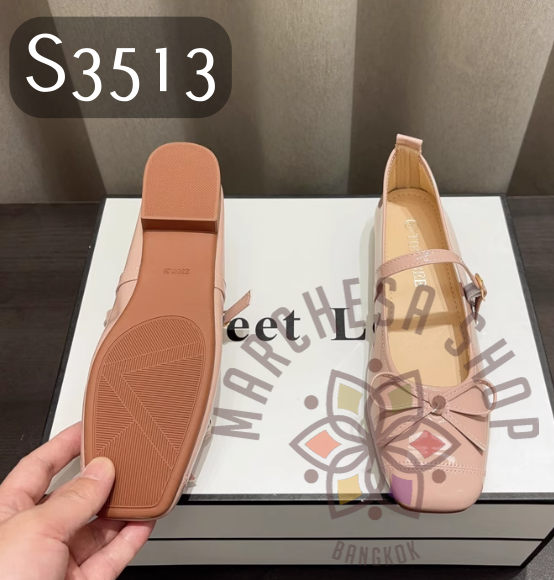 S3513 - 羊漆皮蝴蝶結一字帶方頭平底鞋