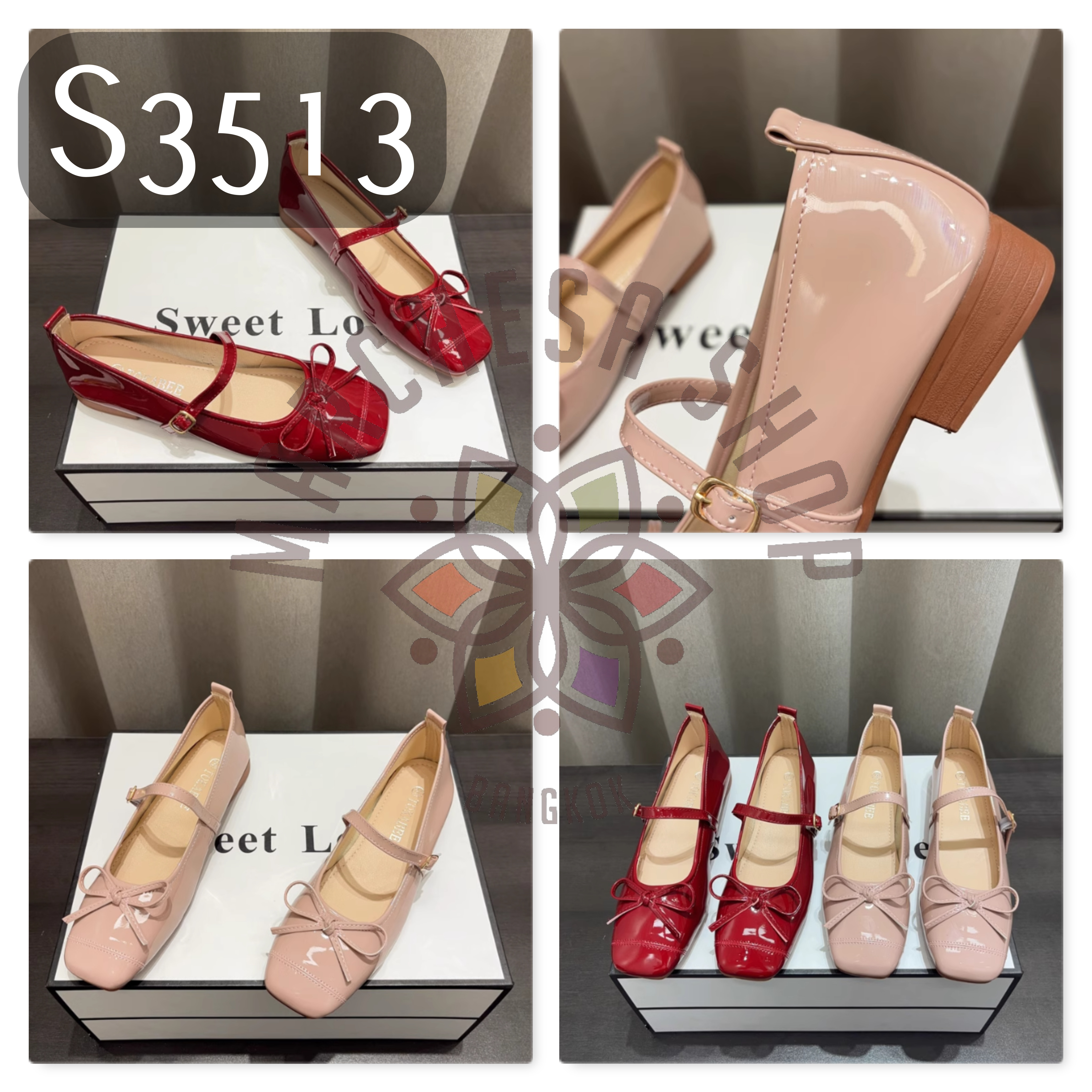 S3513 - 羊漆皮蝴蝶結一字帶方頭平底鞋