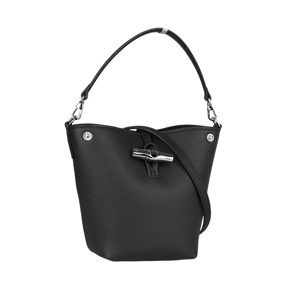 【Longchamp】Roseau XS 竹節轉釦牛皮迷你二用水桶包(黑色)