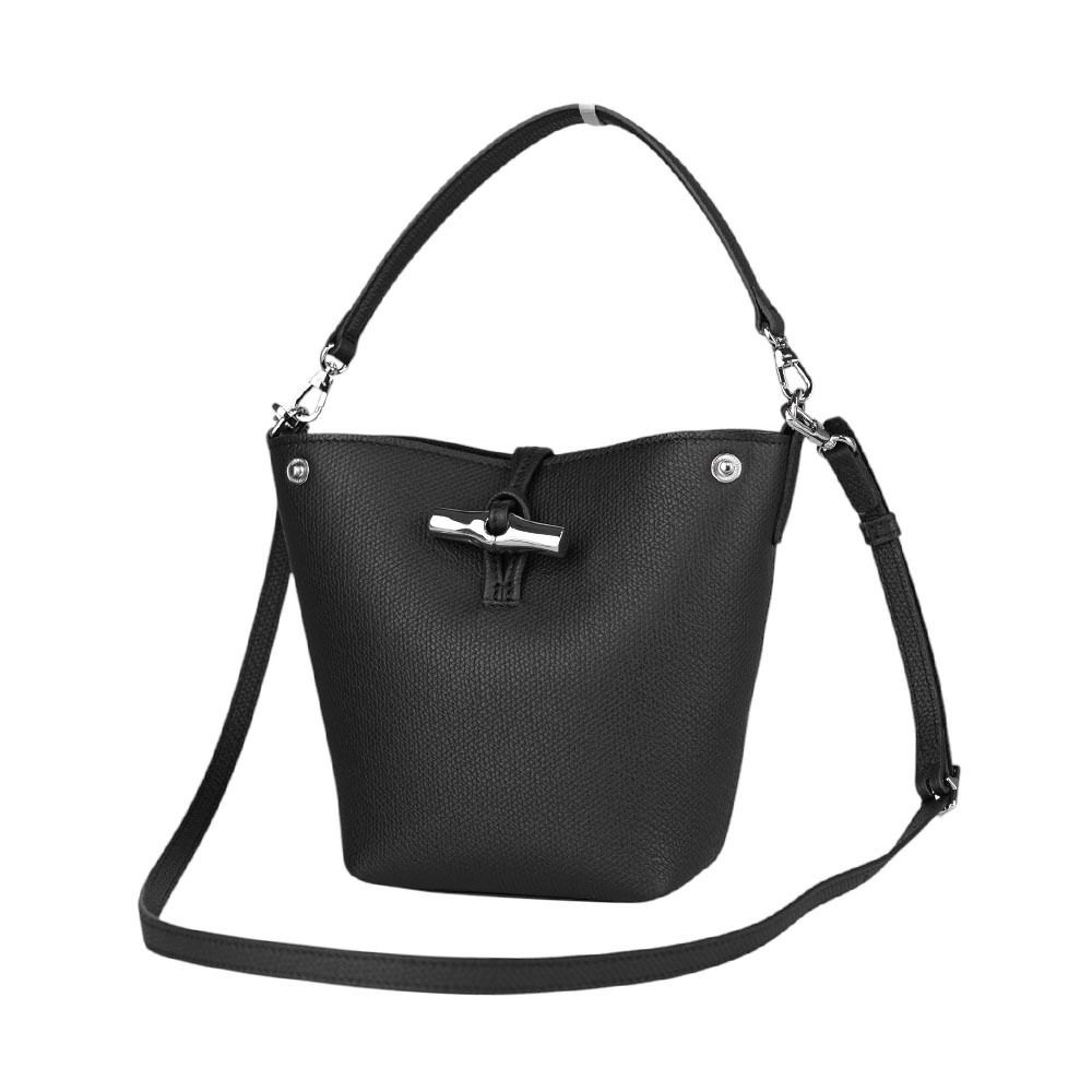 【LONGCHAMP】Roseau XS 竹節轉釦牛皮迷你二用水桶包(黑色) 10279 HFP 001