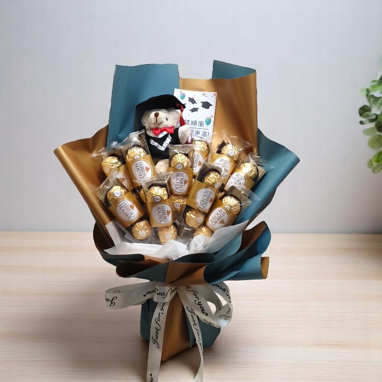 畢業熊3入金莎條畢業花束,金莎花束