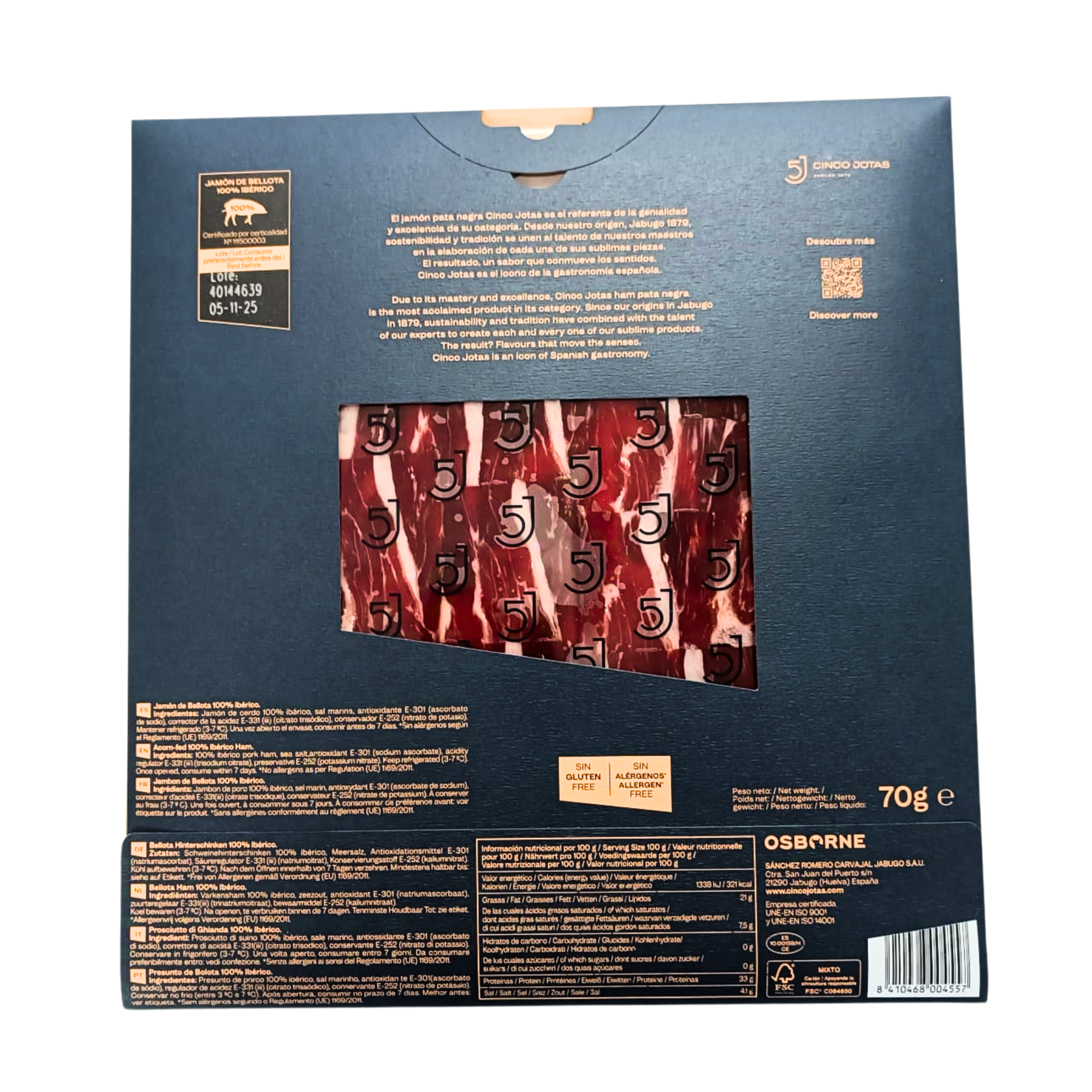 西班牙 5J Bellota 100% 伊比利亞橡果餵養後腿火腿片 (最佳使用期: 12-05-2026) 70 克/包 (0-4°C)