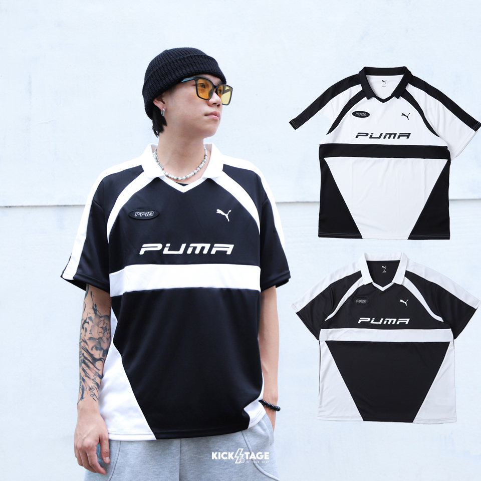 男女款 PUMA POLO 黑 白 Polo衫 短版 足球風 撞色 透氣 運動 休閒 短TEE【6312420】