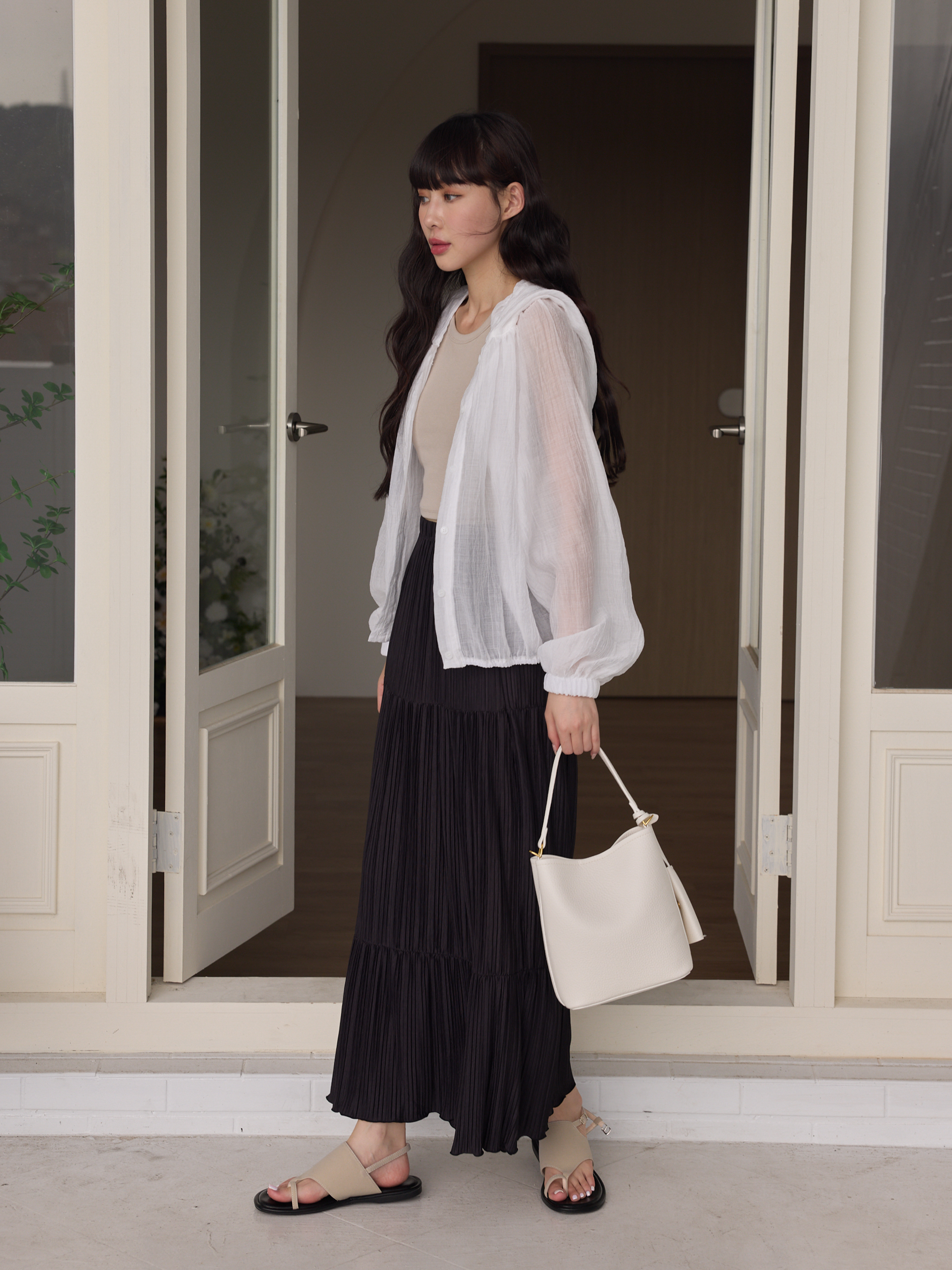 輕透感皺皺壓紋罩衫