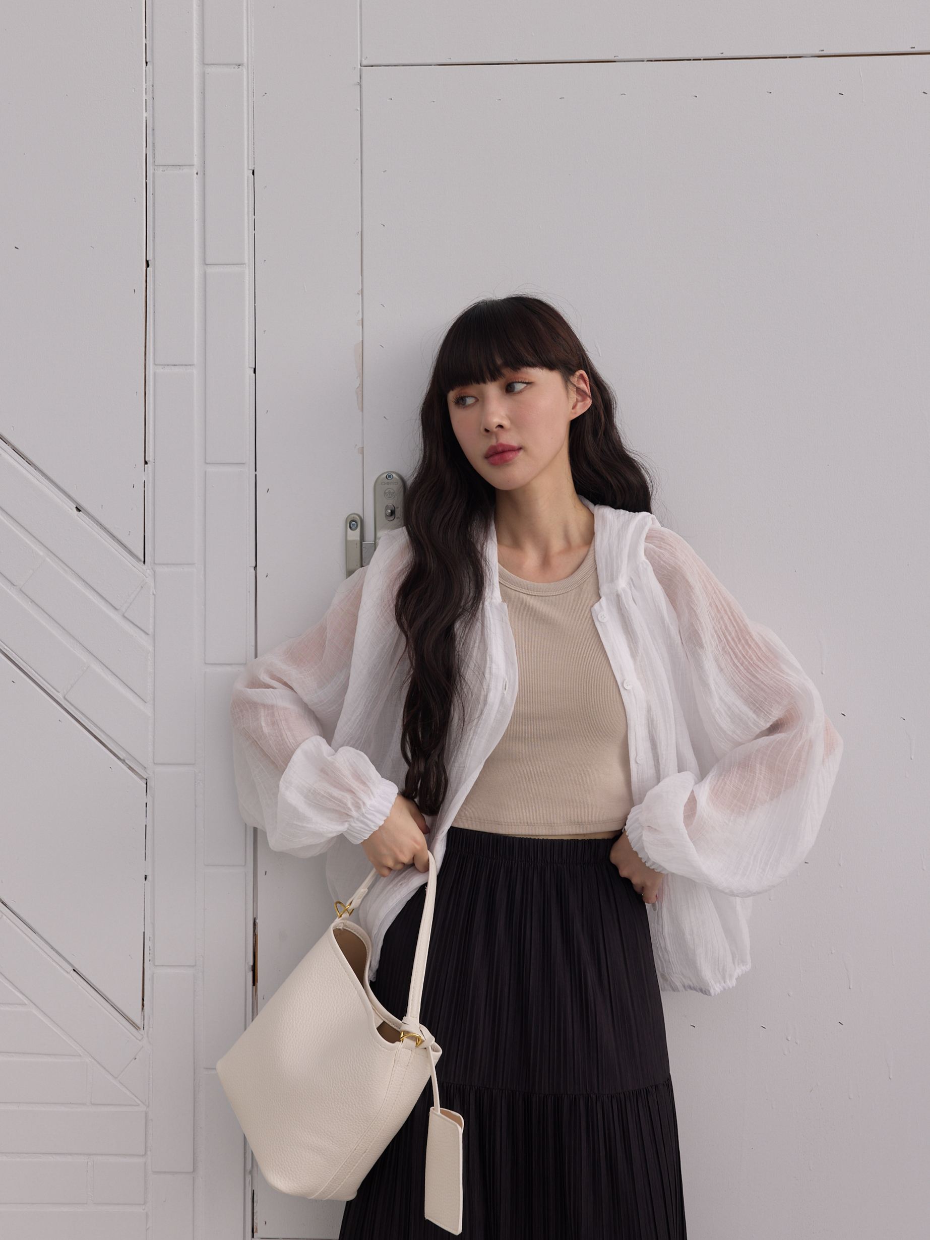 輕透感皺皺壓紋罩衫