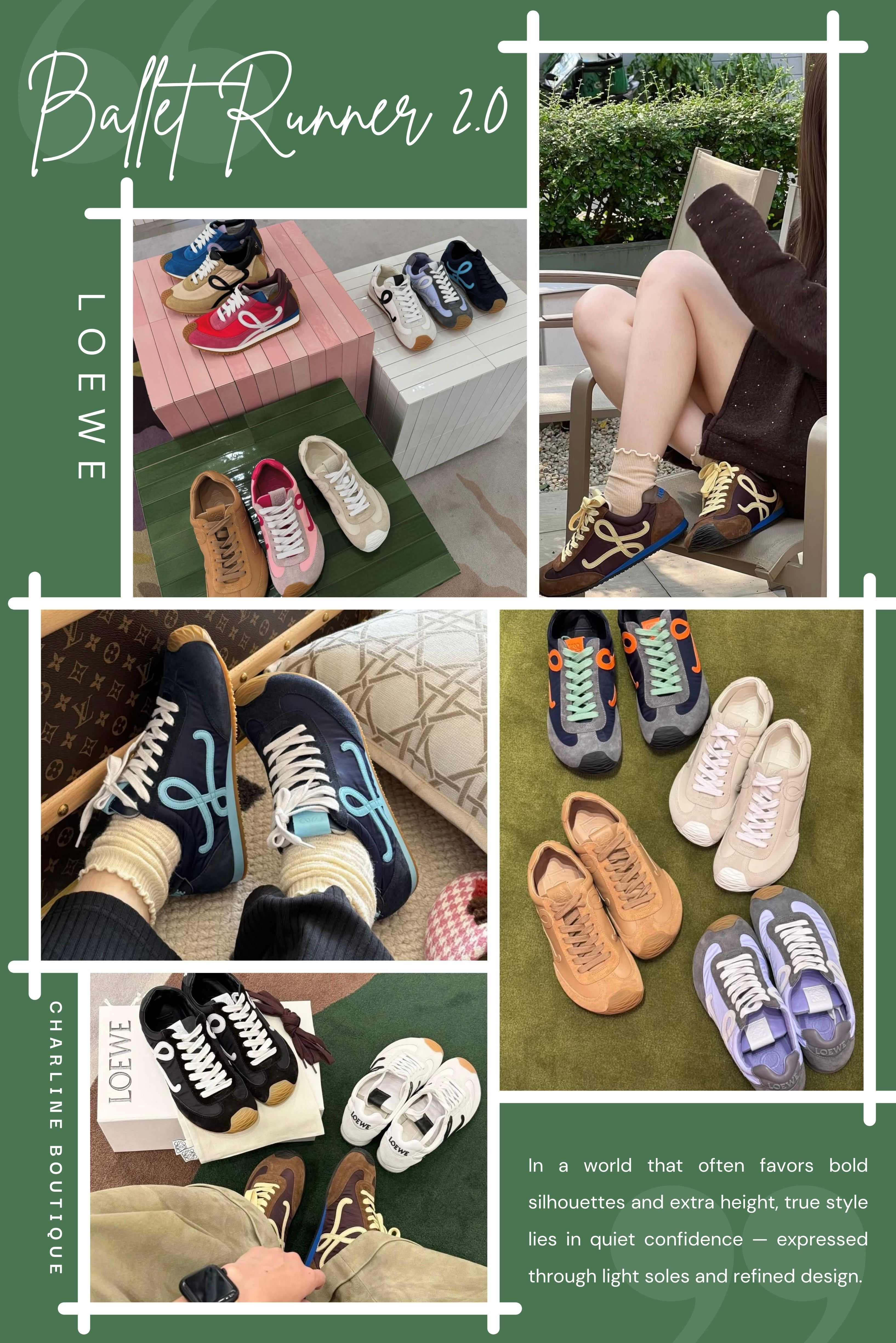 接著是文青優雅派的代表：Loewe Ballet Runner 2.0。這雙鞋幾乎是所有愛走小眾風格女孩的夢中情鞋。Loewe 將芭蕾舞鞋的柔和曲線、輕盈鞋底與復古慢跑鞋做了完美融合。鞋身由軟皮與麂皮拼接，觸感柔滑卻堅固耐穿，經典交叉車線設計點出品牌工藝的細節美。新版 2.0 相較於初代更修身，鞋頭更挺，整體線條更流暢，搭配裙裝或寬褲都能展現優雅從容的步伐。配色選擇上也別出心裁，無論您偏好極簡還是甜美，都能找到命定款。這雙鞋不是走路用的，是走在生活裡每一段有詩意的旅程中。
