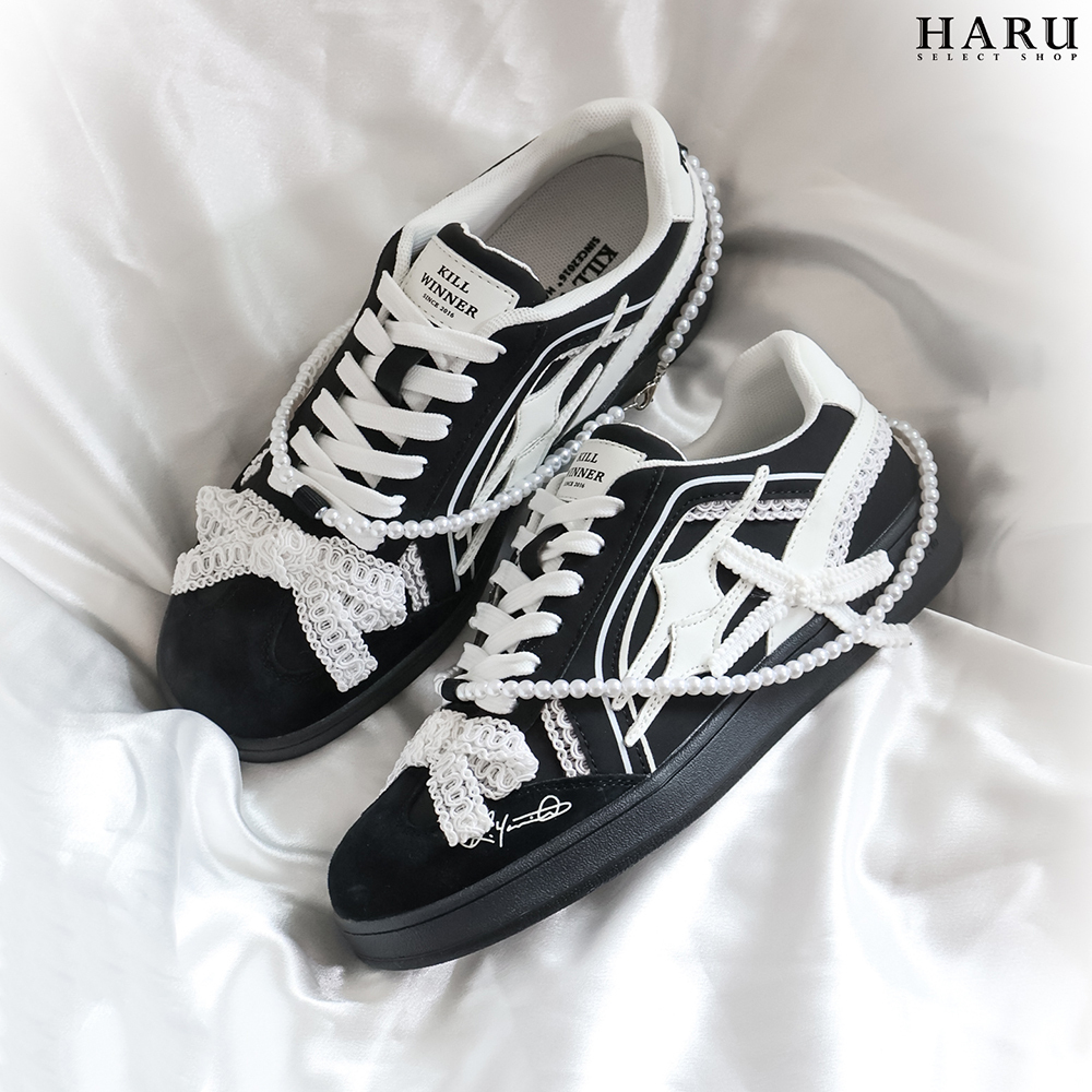 品牌代理授權 買鞋送禮物 張員瑛同款 Killwinner 珍珠蕾絲緞帶 德訓鞋 芭蕾舞鞋 蝴蝶結 黑白 KWDX240802