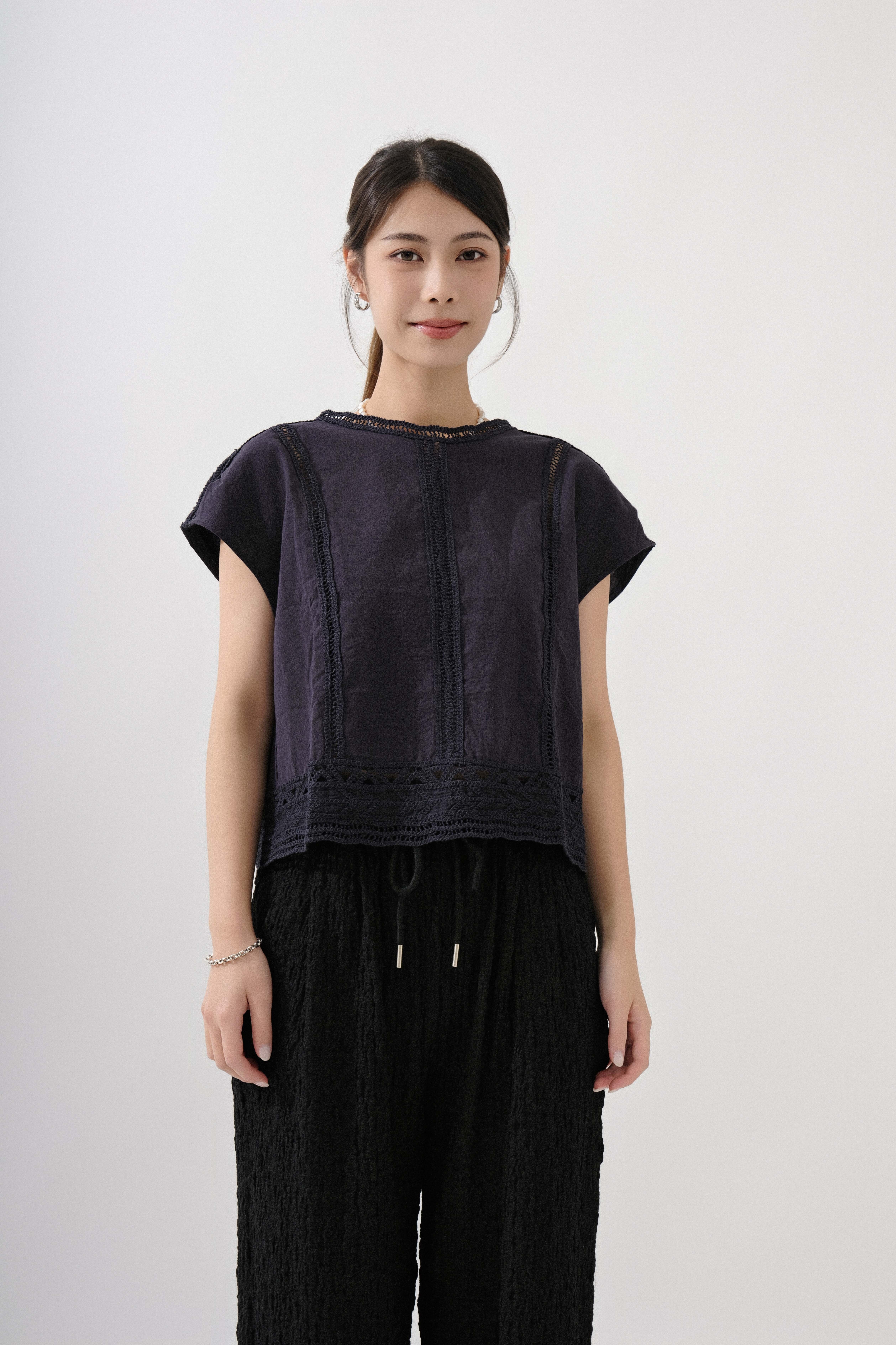 前後著民族花邊棉麻上衣 (現貨款式）