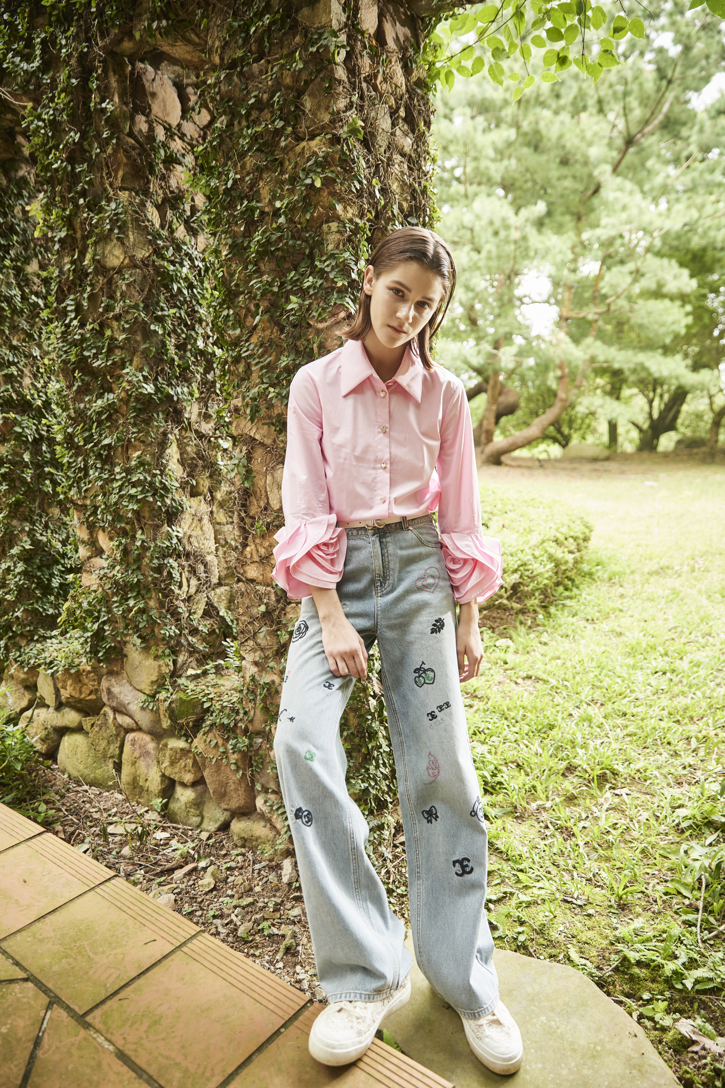 BE10325B1 JE logo童趣刺繡直筒褲