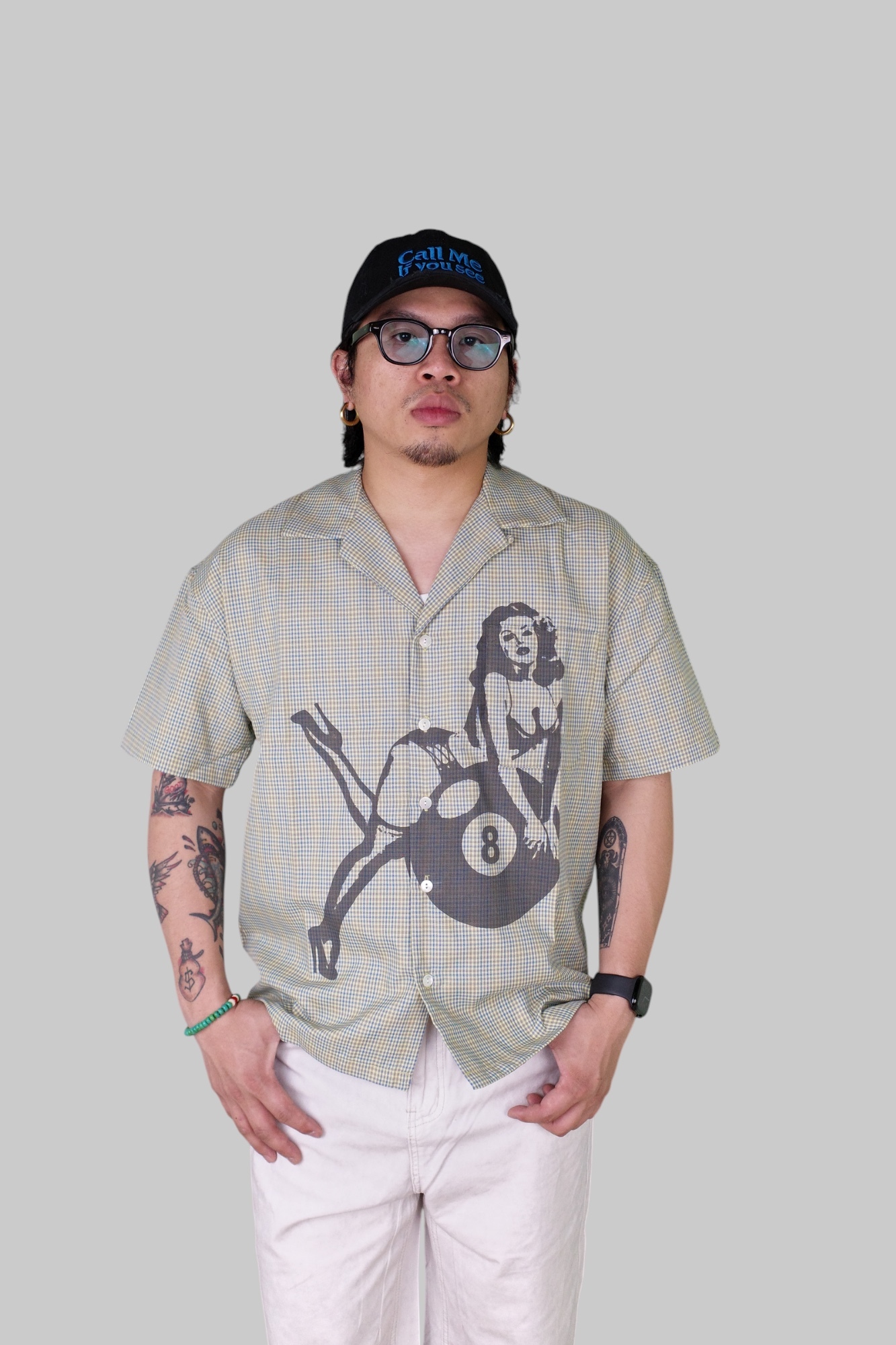 『Always_Good』八號球女郎 細格紋 古巴領 短袖襯衫