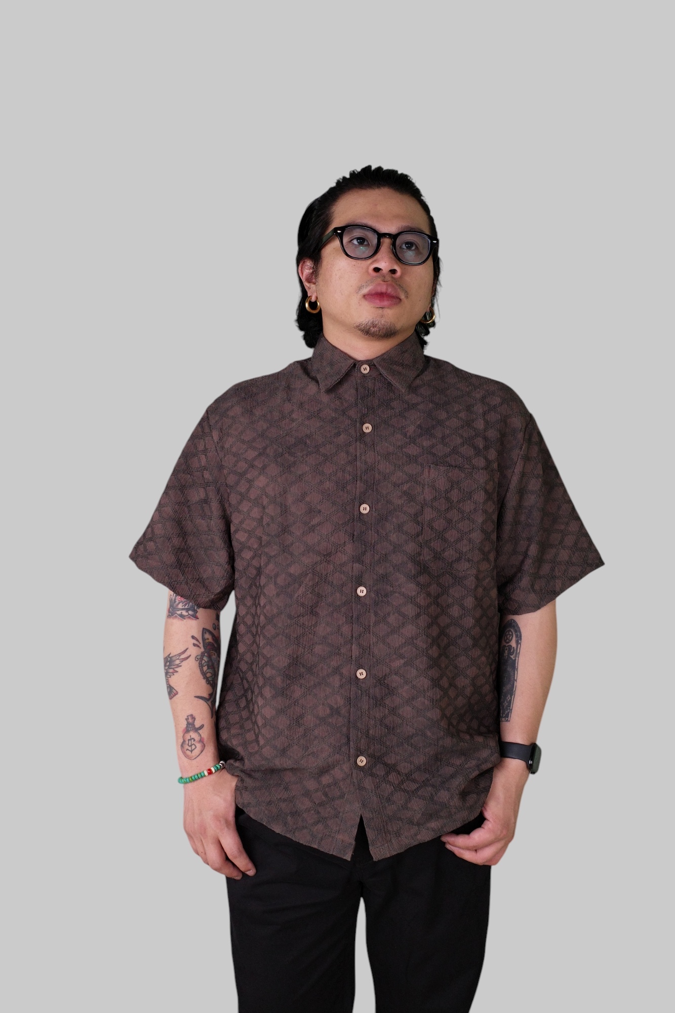 『Always_Good』復古 菱格紋 提花 抗皺 短袖襯衫