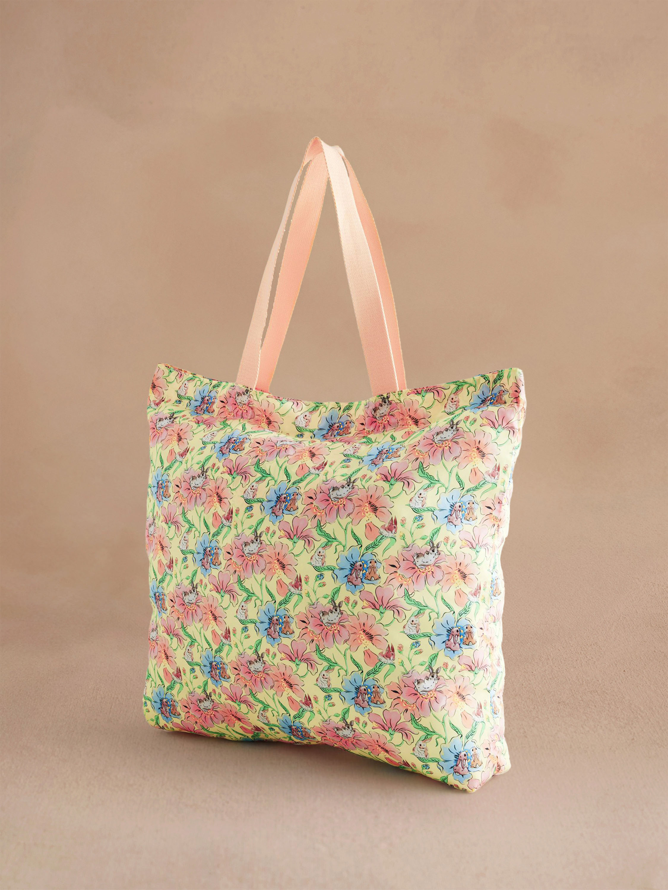 Bunnies Floral 大型可折疊拉鍊購物袋