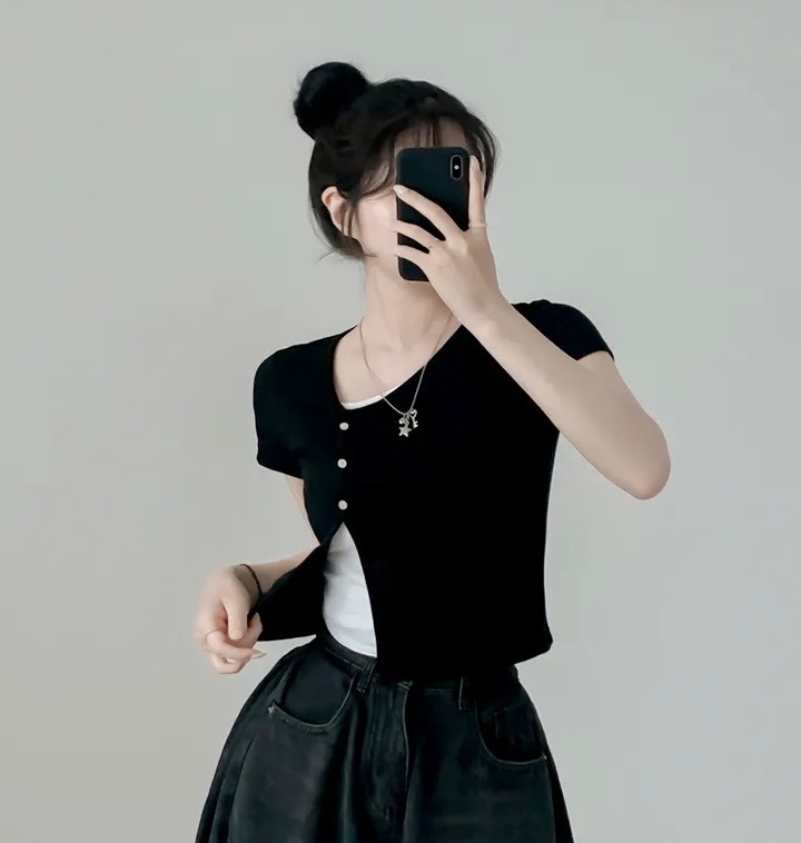 【優惠現貨】韓國斜領鈕扣拼色TOP（3色）