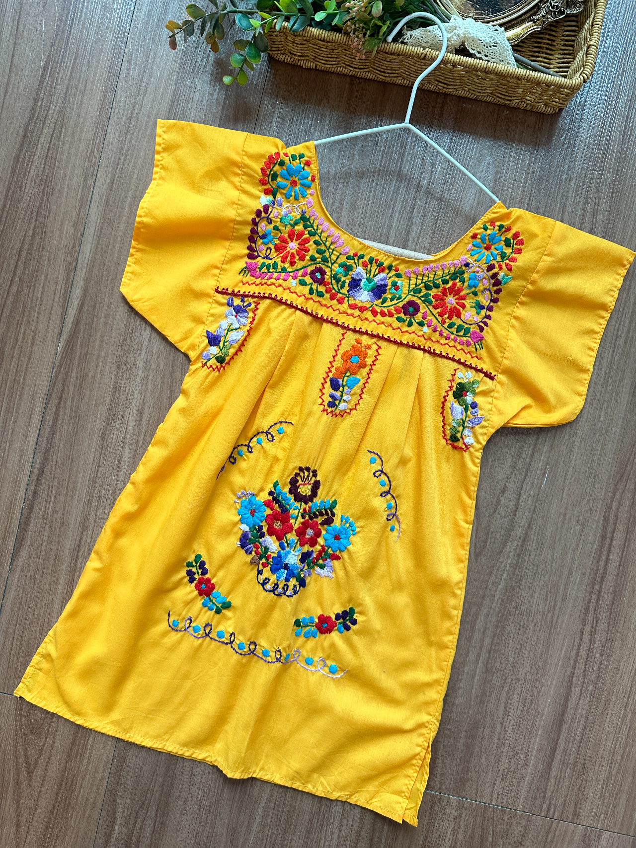 黃色墨西哥刺繡連身裙