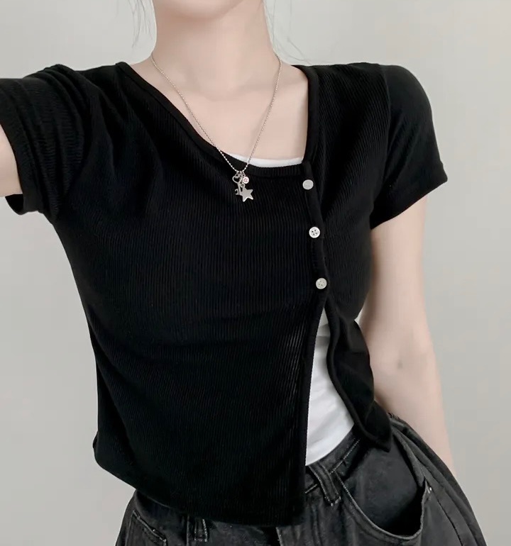 【優惠現貨】韓國斜領鈕扣拼色TOP（3色）