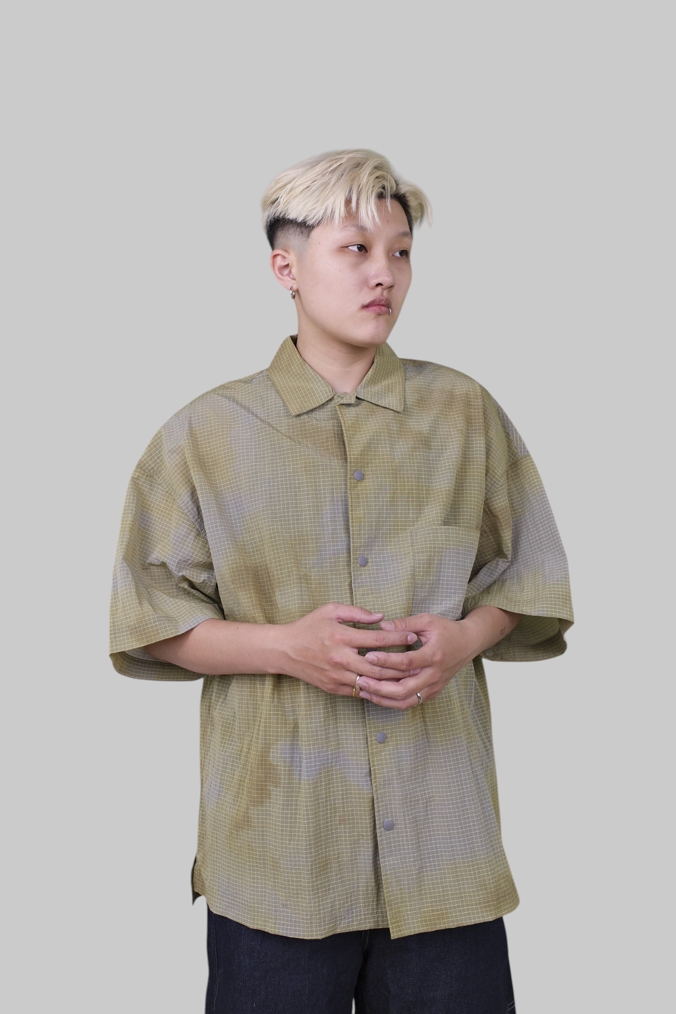 『Always_Good』雲朵漸變 十字格紋布 壓扣 口袋 短袖襯衫