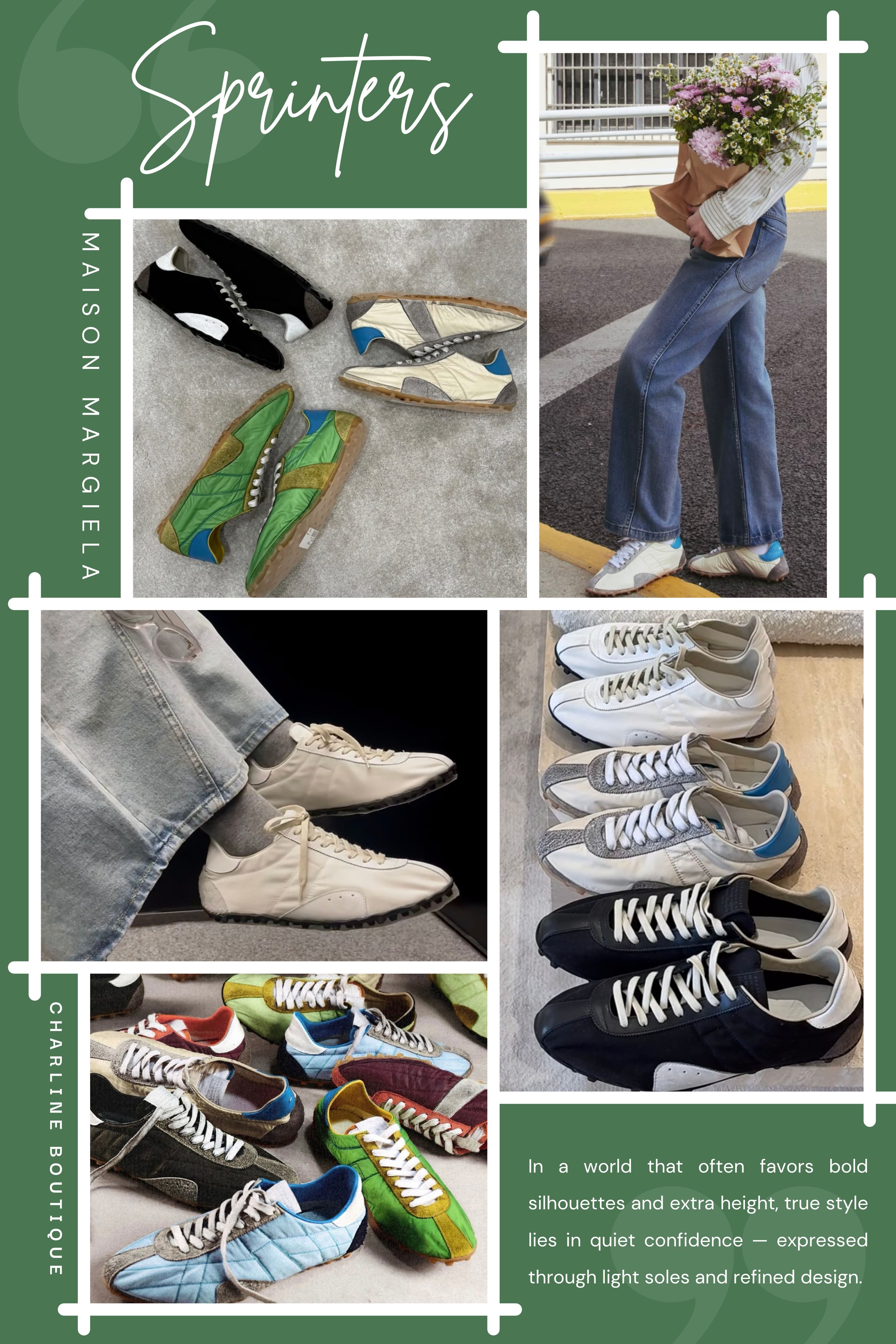 首先登場的是 Maison Margiela Sprinters。如果您對 Margiela 一直以來那種理性與瘋狂交織的實驗風格情有獨鍾，那這雙 Sprinters 絕對能擄獲您的心。它復刻了1970年代經典田徑跑鞋的輪廓，加入撞色拼接與解構鞋舌設計，使整體視覺更具話題性與前衛感。鞋面採用仿舊尼龍與麂皮材質拼接，鞋底則是齒狀的防滑膠底，走在街上自帶一種「很懂穿」的潮流氛圍。穿上它的那一刻，不需要刻意打扮也能散發獨特氣場。搭配牛仔褲或是軍裝褲都非常合適，讓人感覺您像是從時尚週街拍中走出來的主角。