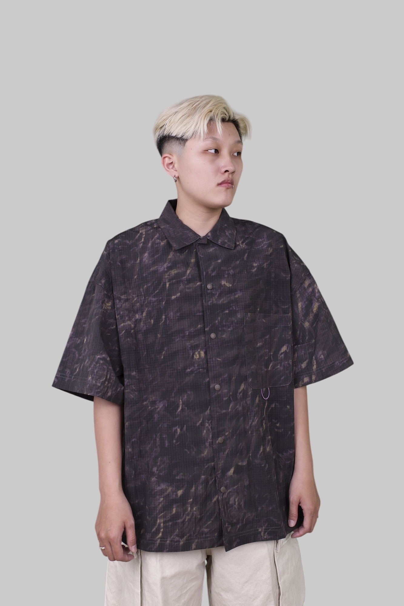 『Always_Good』羽毛迷彩 十字格紋布 壓扣 口袋 短袖襯衫