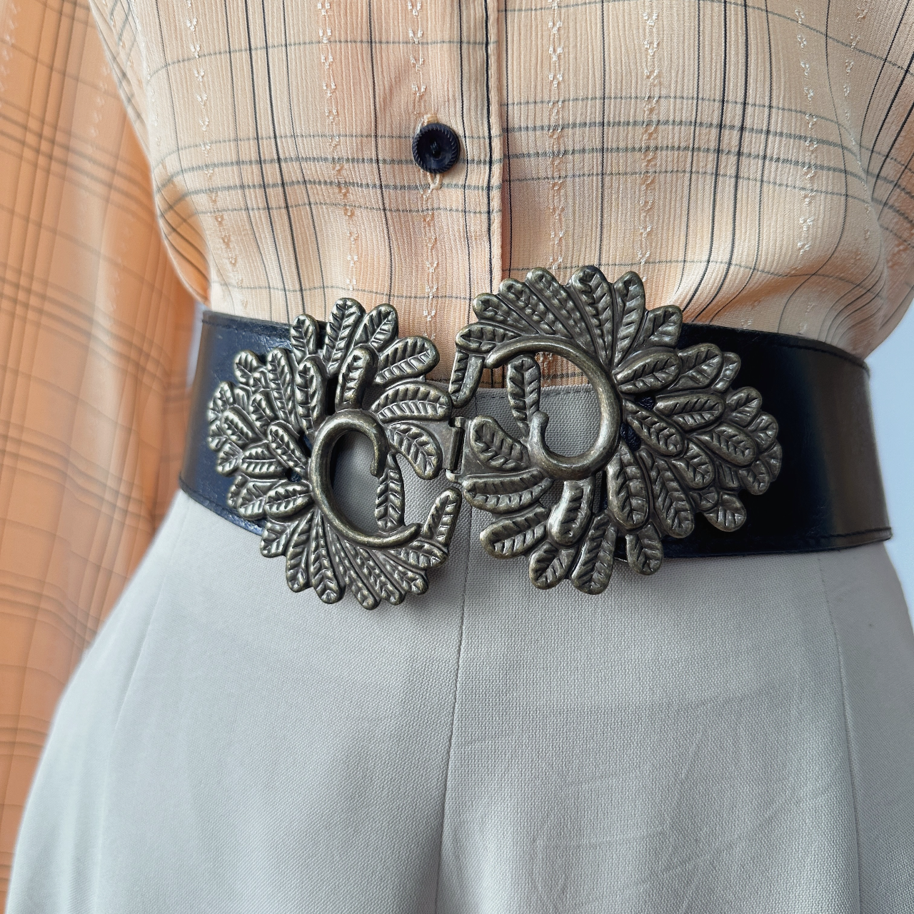 黑色華麗感大扣古著真皮腰帶