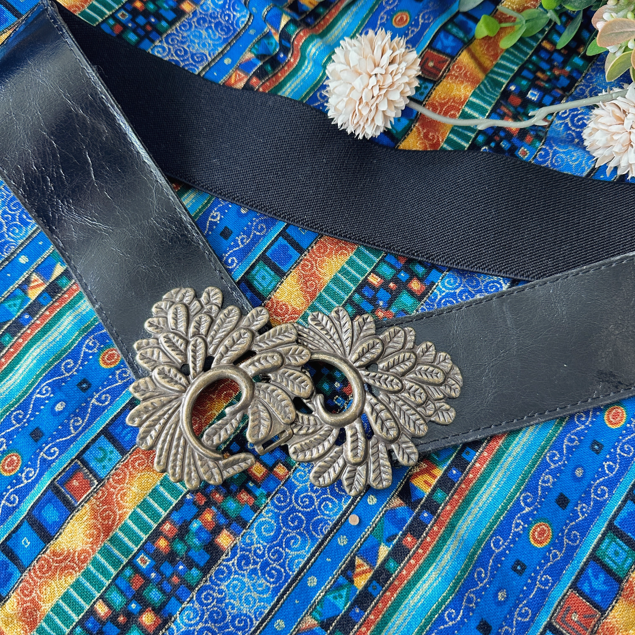 黑色華麗感大扣古著真皮腰帶