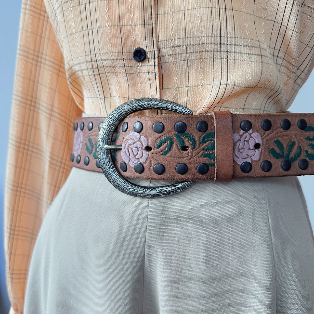 粉色大花圖案古著真皮腰帶