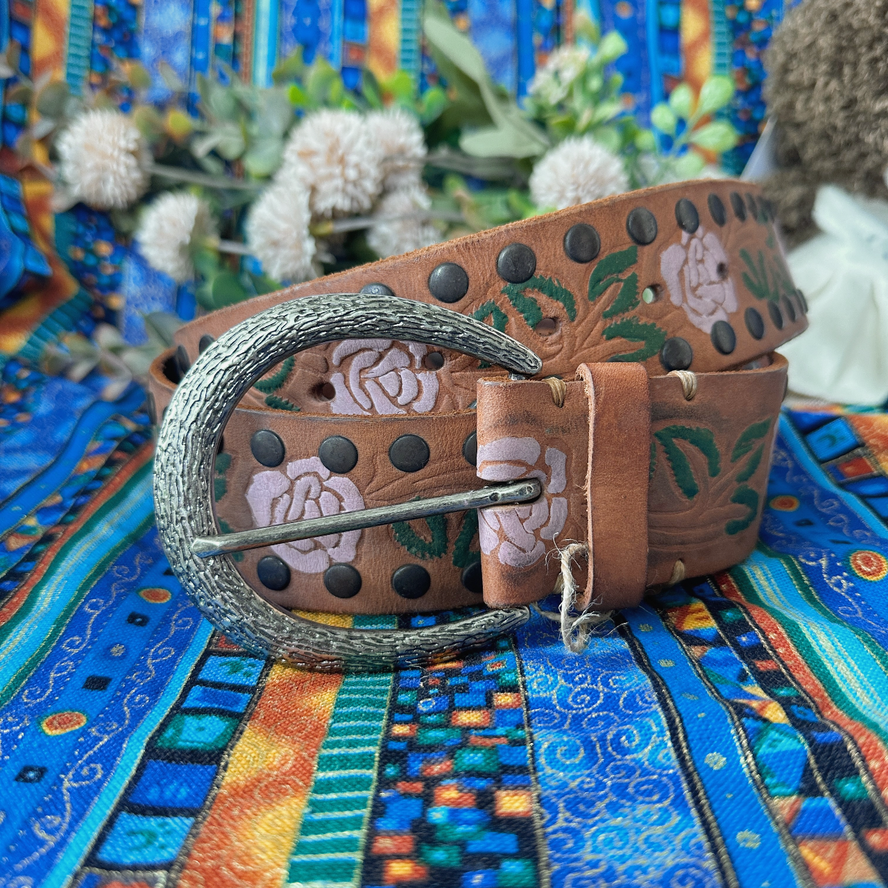 粉色大花圖案古著真皮腰帶