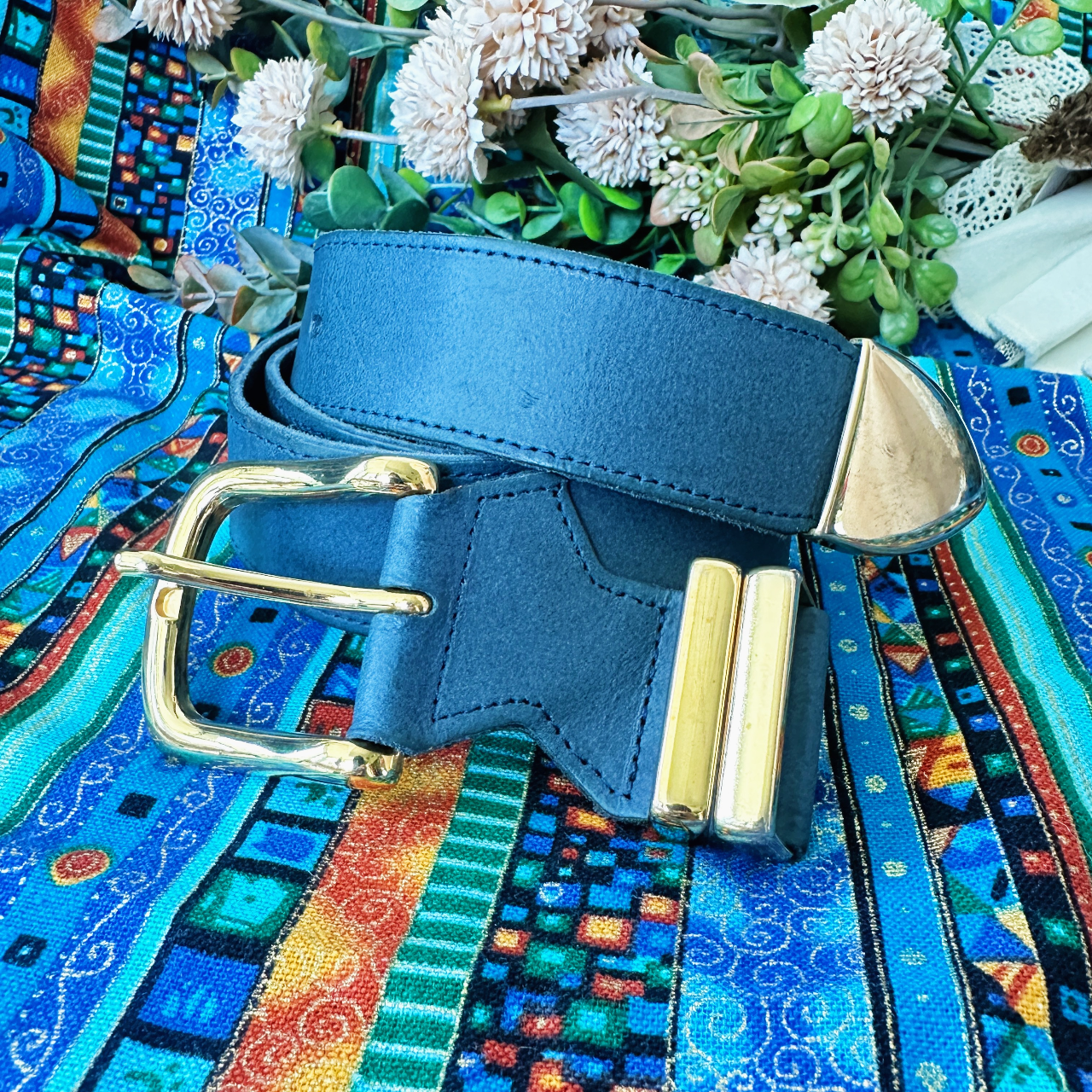 法國製灰藍色古著真皮腰帶