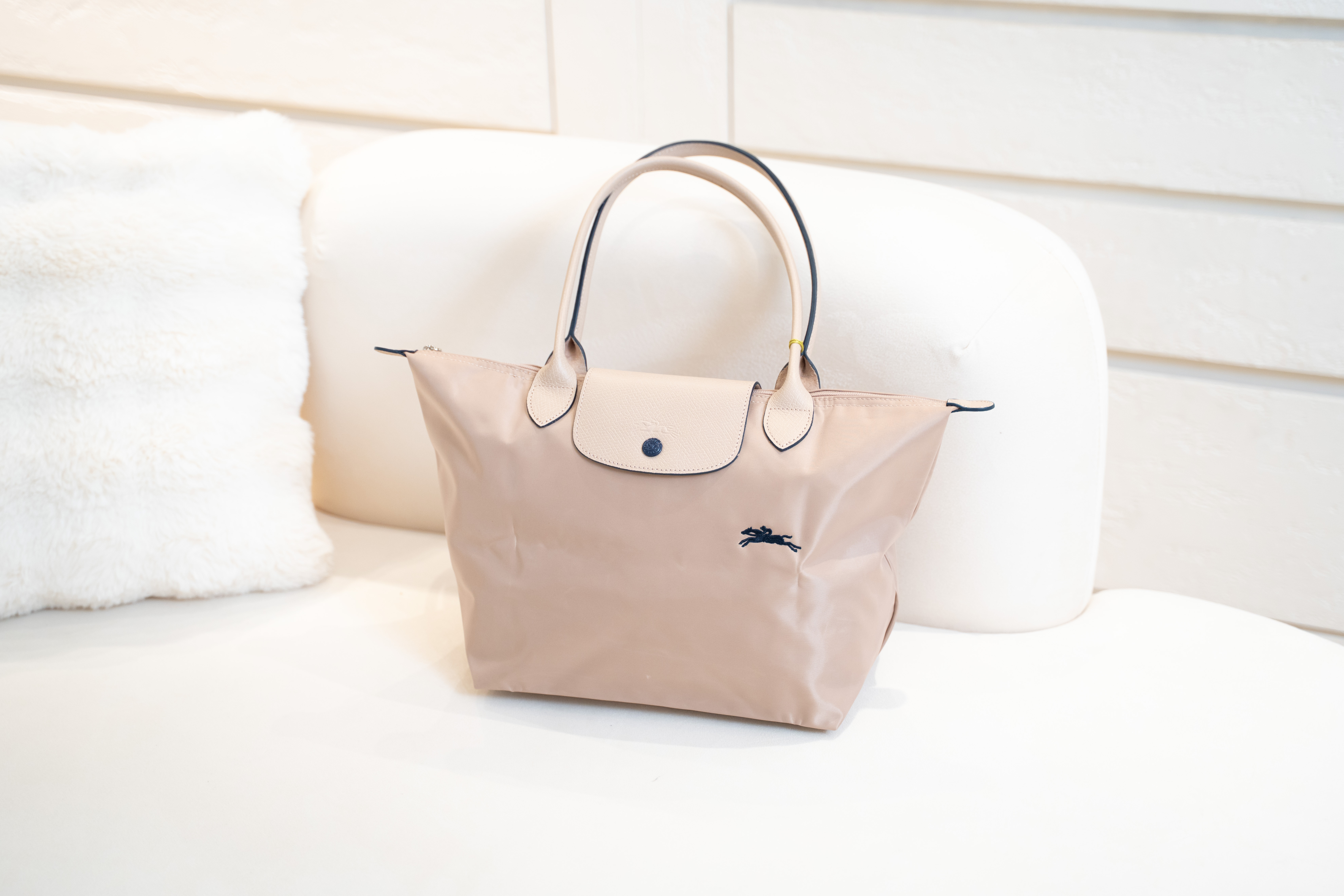 LONGCHAMP Le Pliage Club Logo 長柄帆布袋 山茶花白色