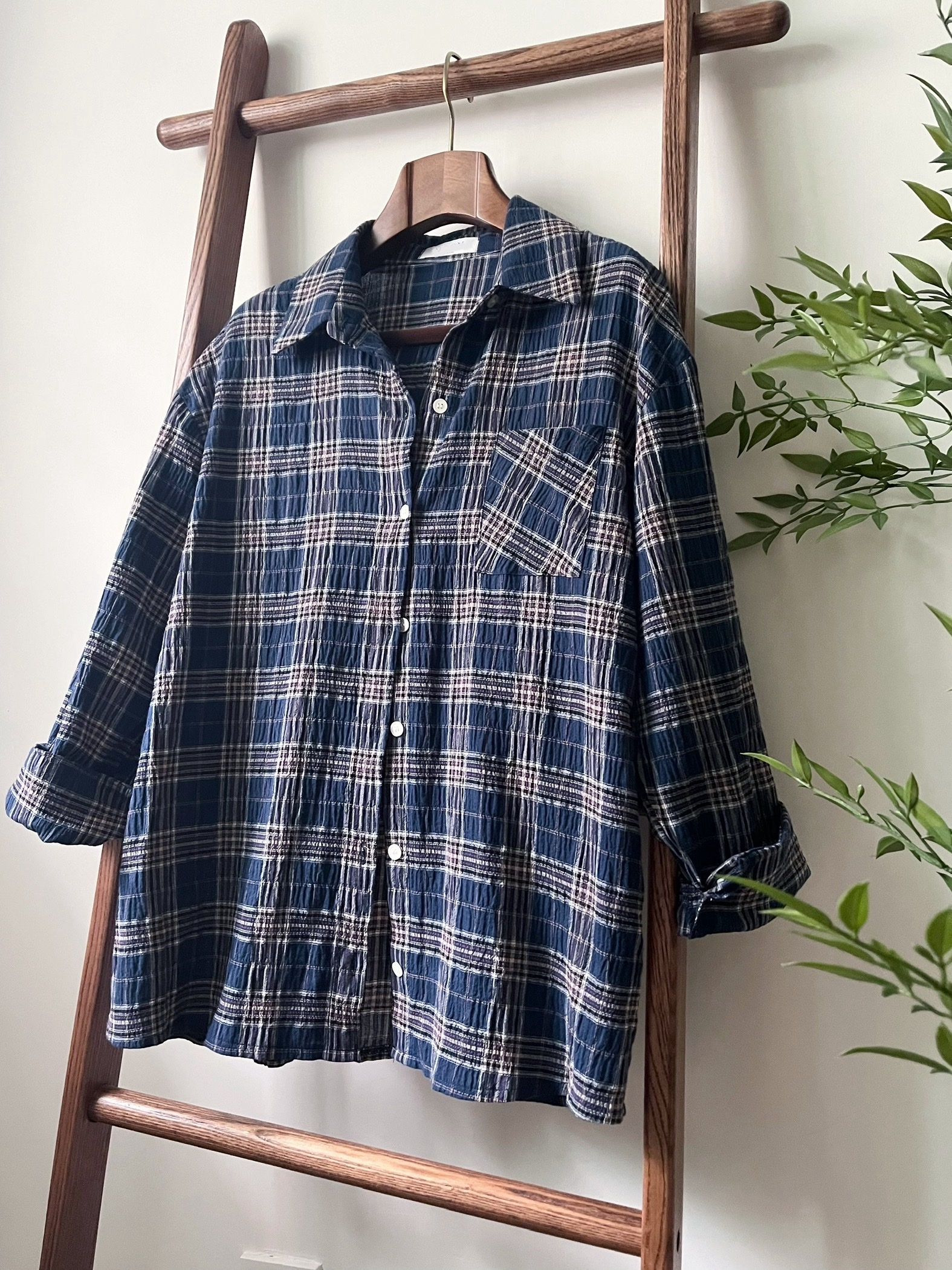 🌿深藍皺布格仔恤