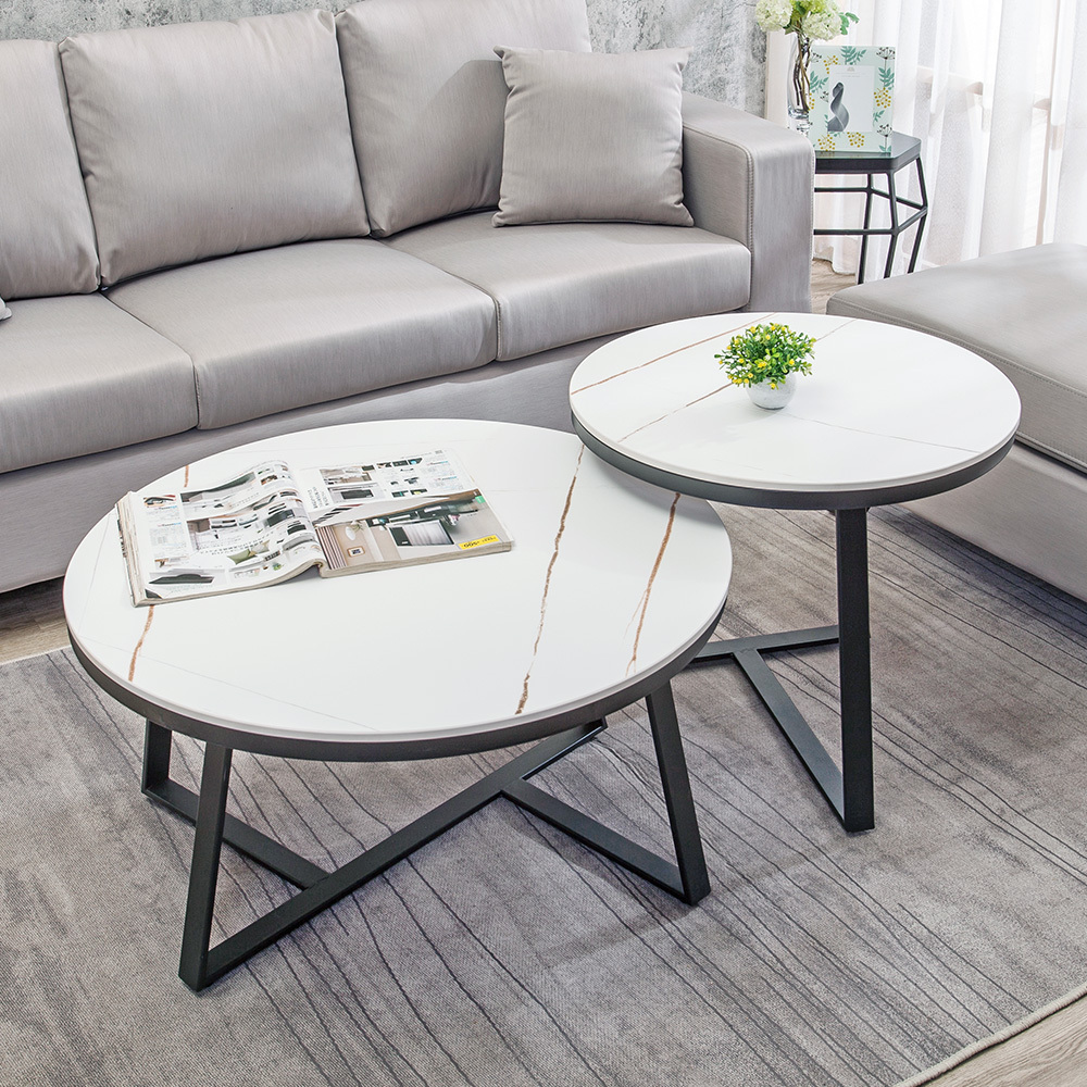 賽瓦4.7尺工業風白色岩板圓型茶几組合(大茶几+小茶几)