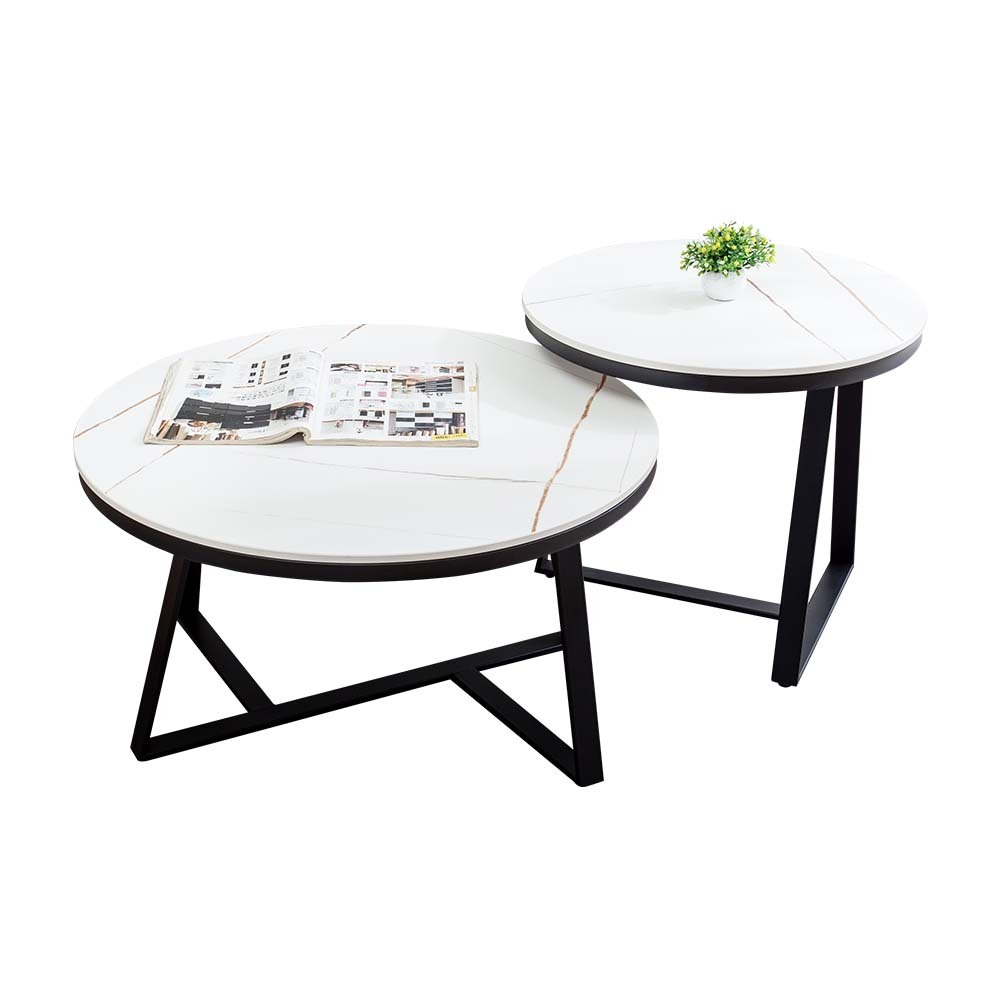 賽瓦4.7尺工業風白色岩板圓型茶几組合(大茶几+小茶几)