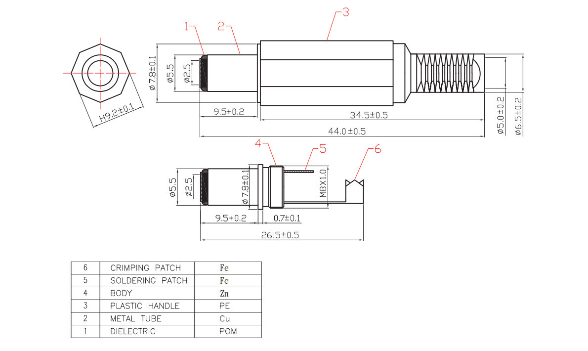 短型DC頭,附尾2.5孔,尺寸規格