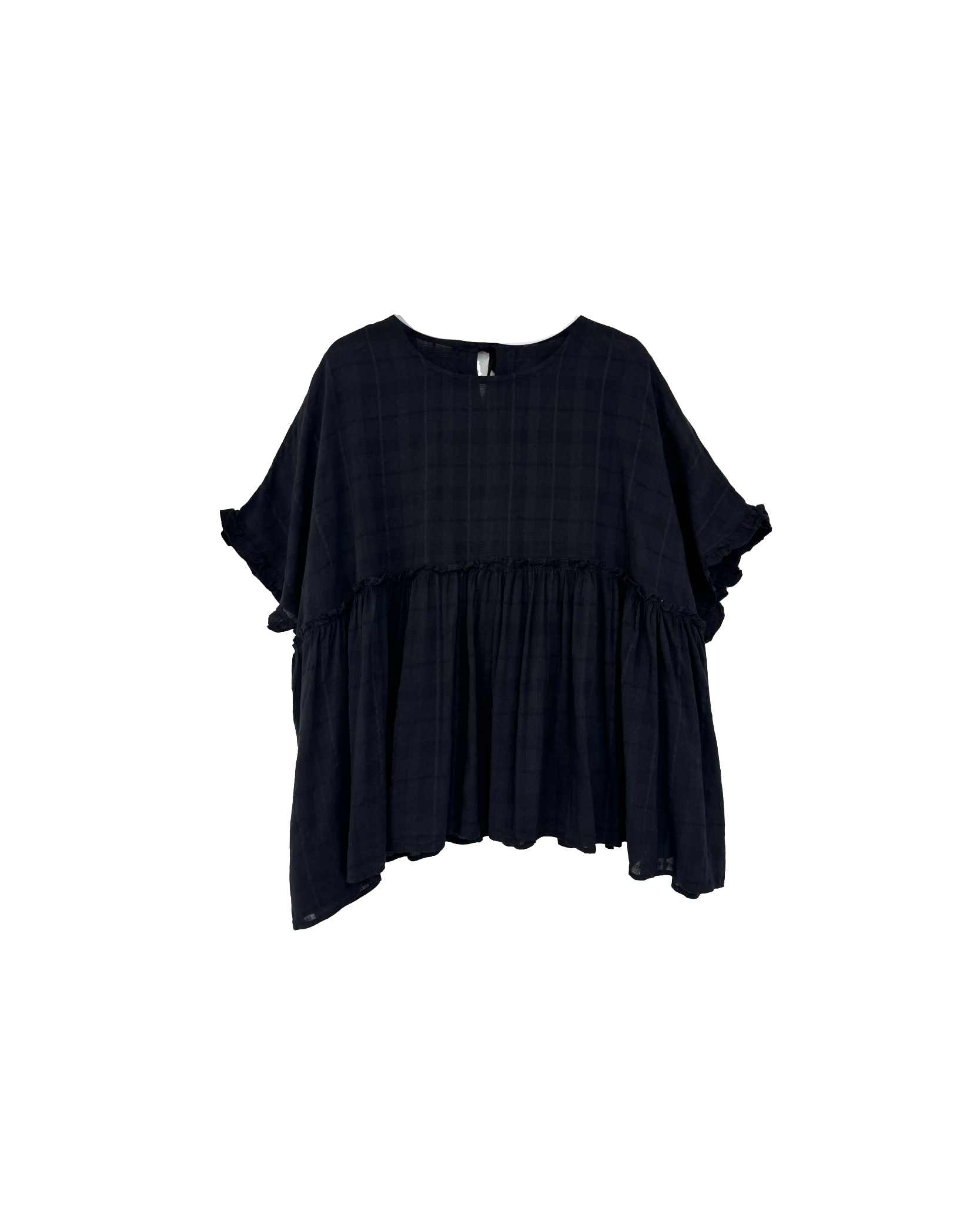 暗大格紋ruffle邊大圓領上衣