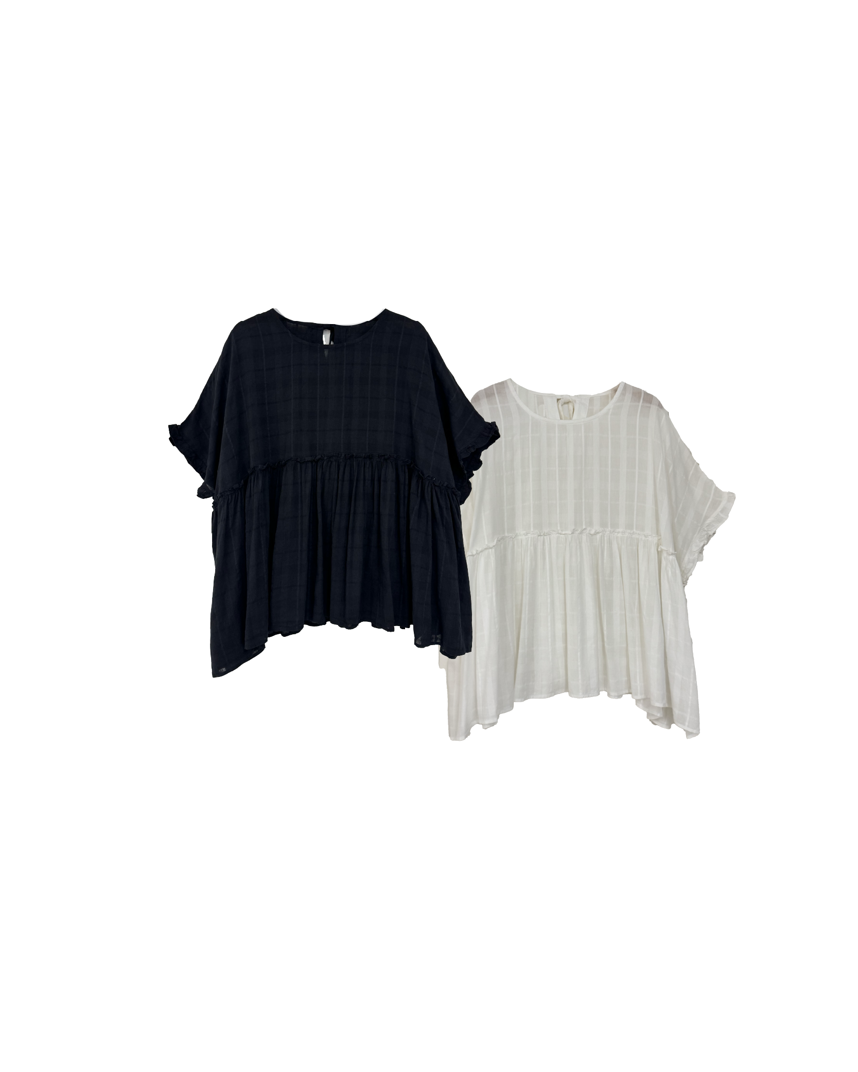 暗大格紋ruffle邊大圓領上衣